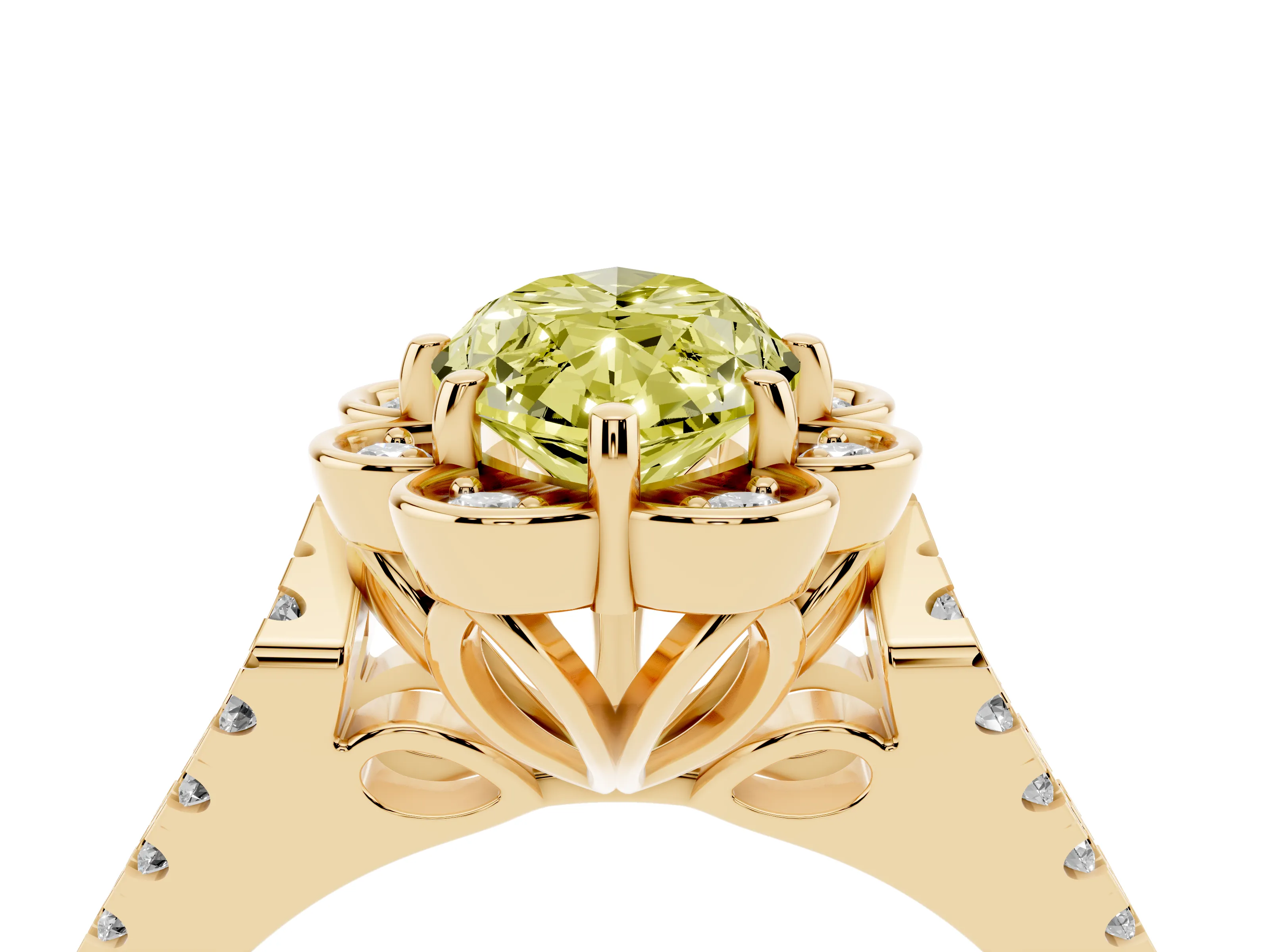 Fancy Yellow Marquise Cut Diamond Floral Halo Split Shank Engagement Ring Set in Yellow gold with Pavé Shank