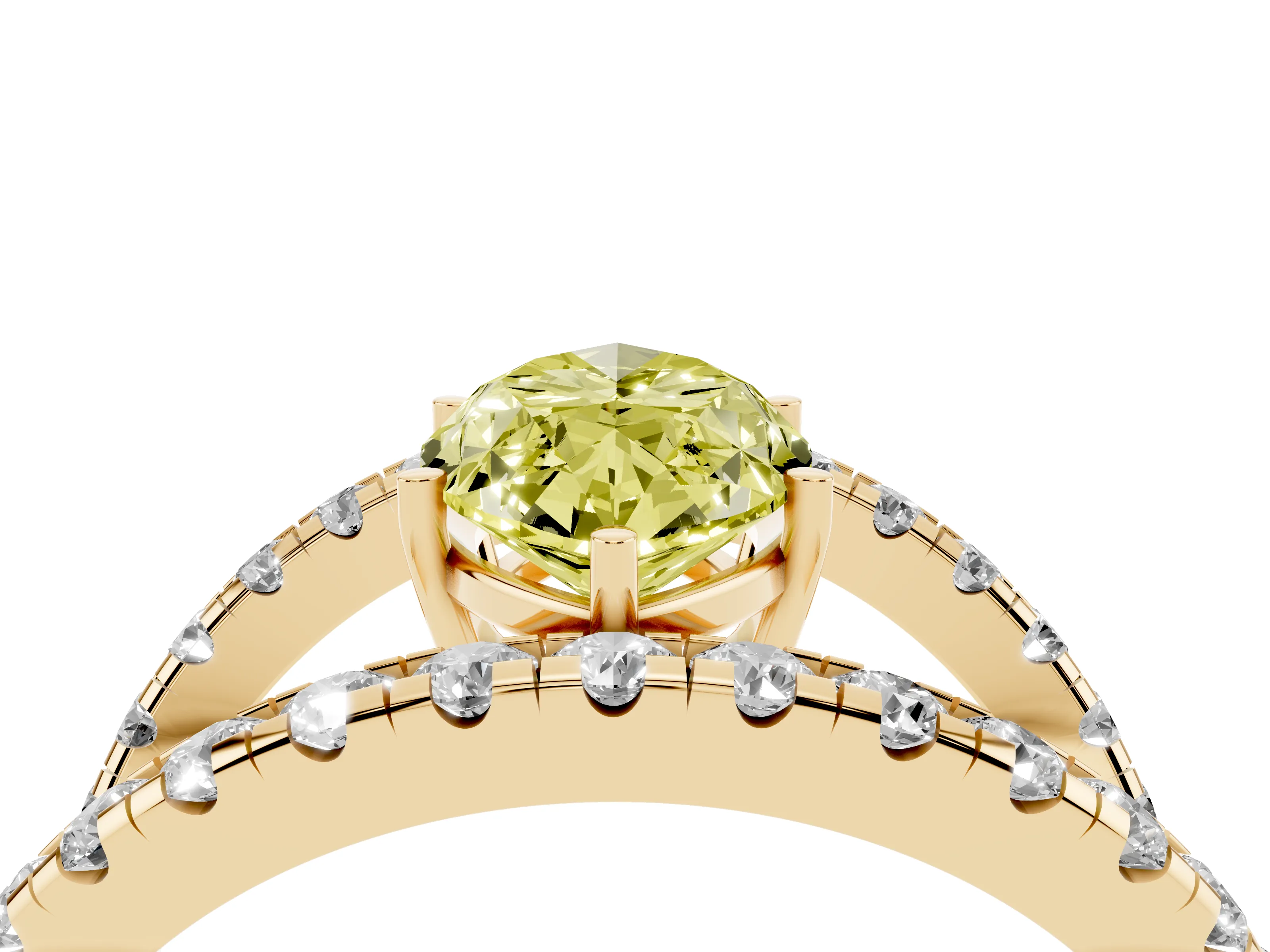 Fancy Yellow Marquise Cut Diamond Split Shank Pavé Solitaire Ring Set in Yellow gold with Open Shank Design