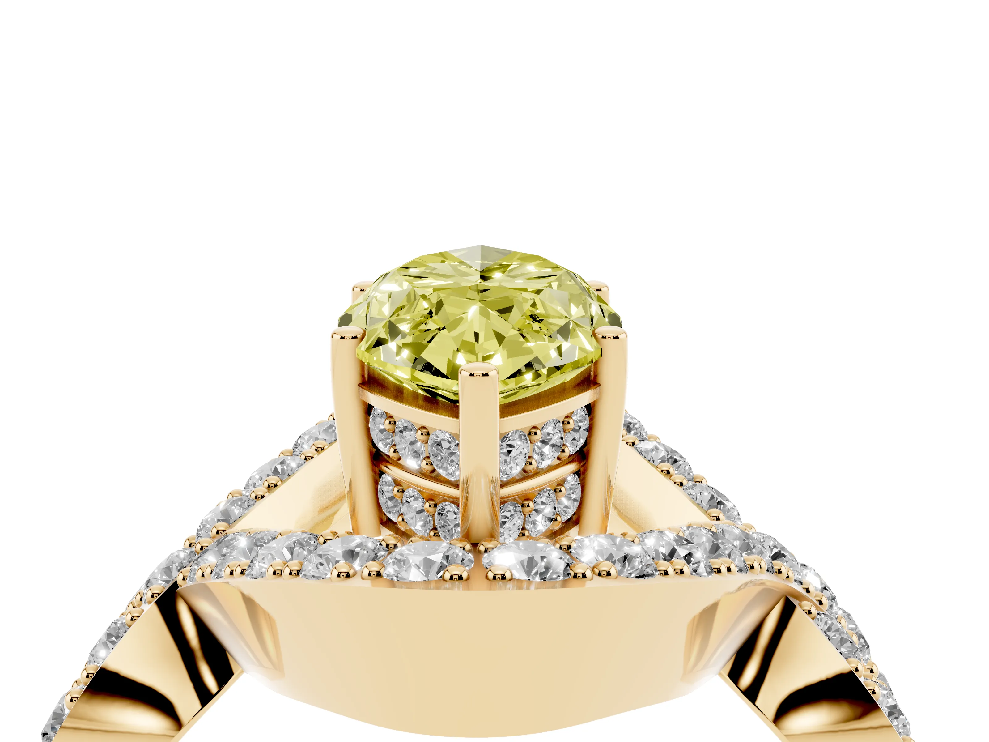 Fancy Yellow Marquise Cut Diamond Solitaire Twist Band Pavé Engagement Ring Set in Yellow gold