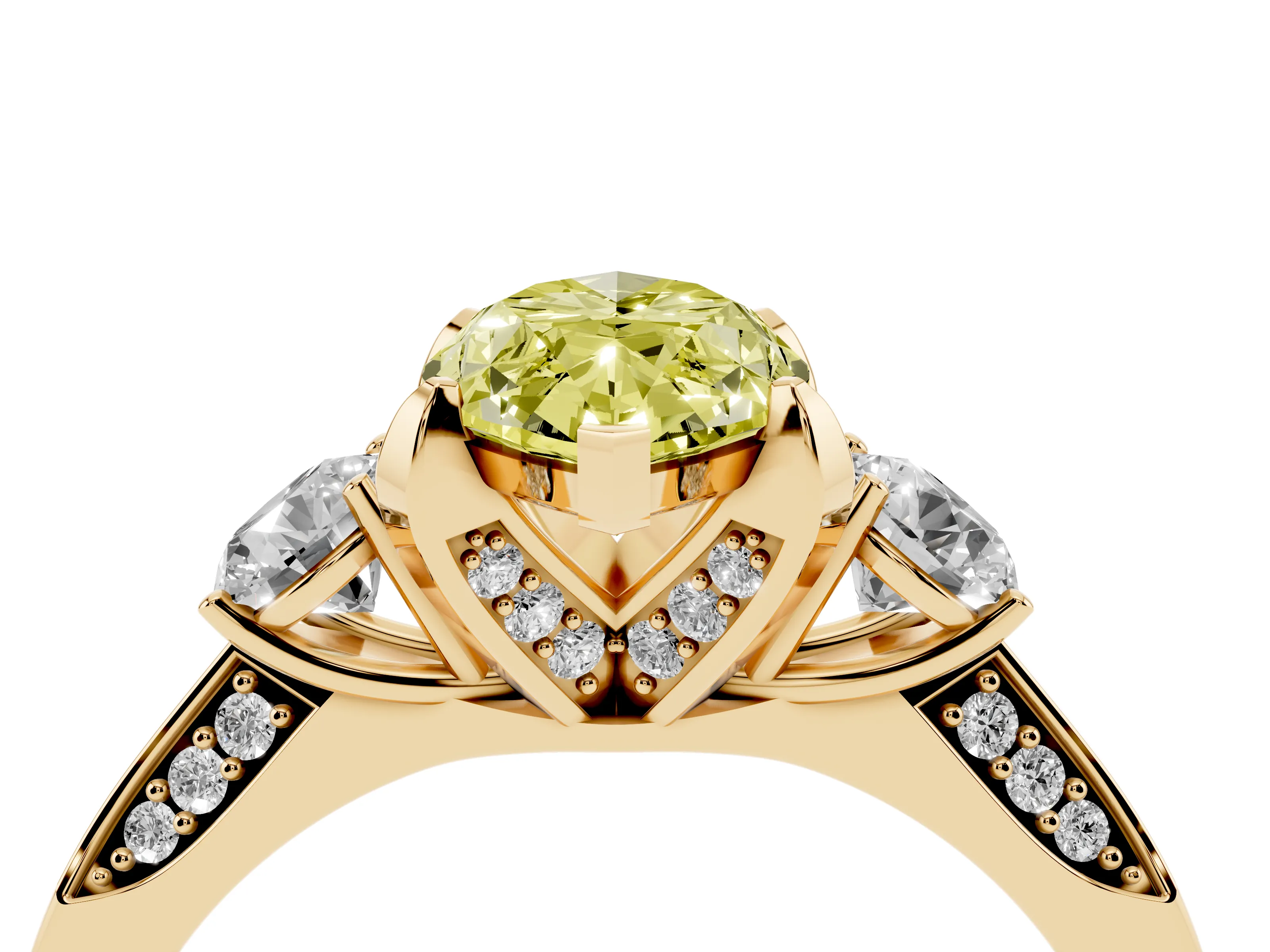 Fancy Yellow Marquise Cut Diamond Three-Stone Ring Set in Yellow gold with Pavé Band and Smaller Side Stones