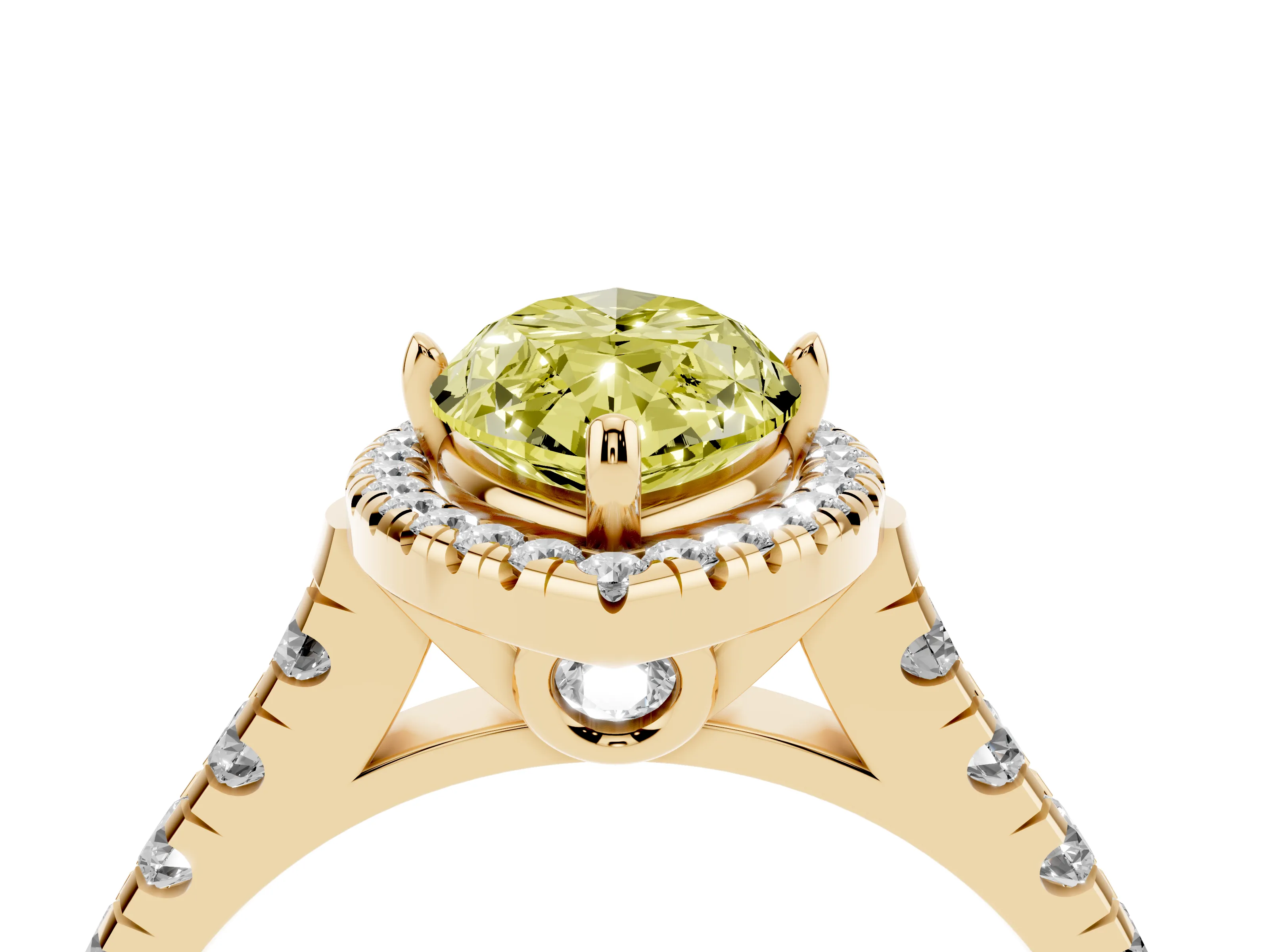 Fancy Yellow Marquise Cut Diamond Halo Engagement Ring Set in Yellow gold with Pavé Band and Prong-Set Center