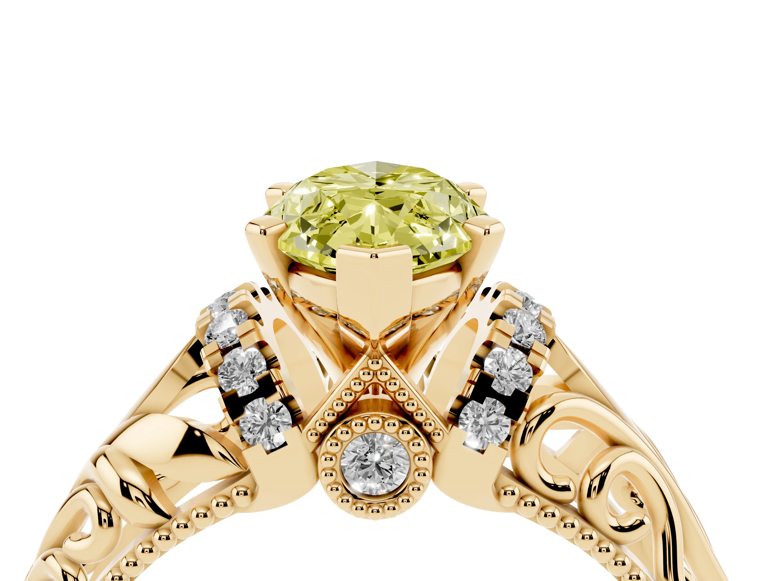 Fancy Yellow Marquise Cut Diamond Filigree Halo Engagement Ring Set in Yellow gold with Prong Setting