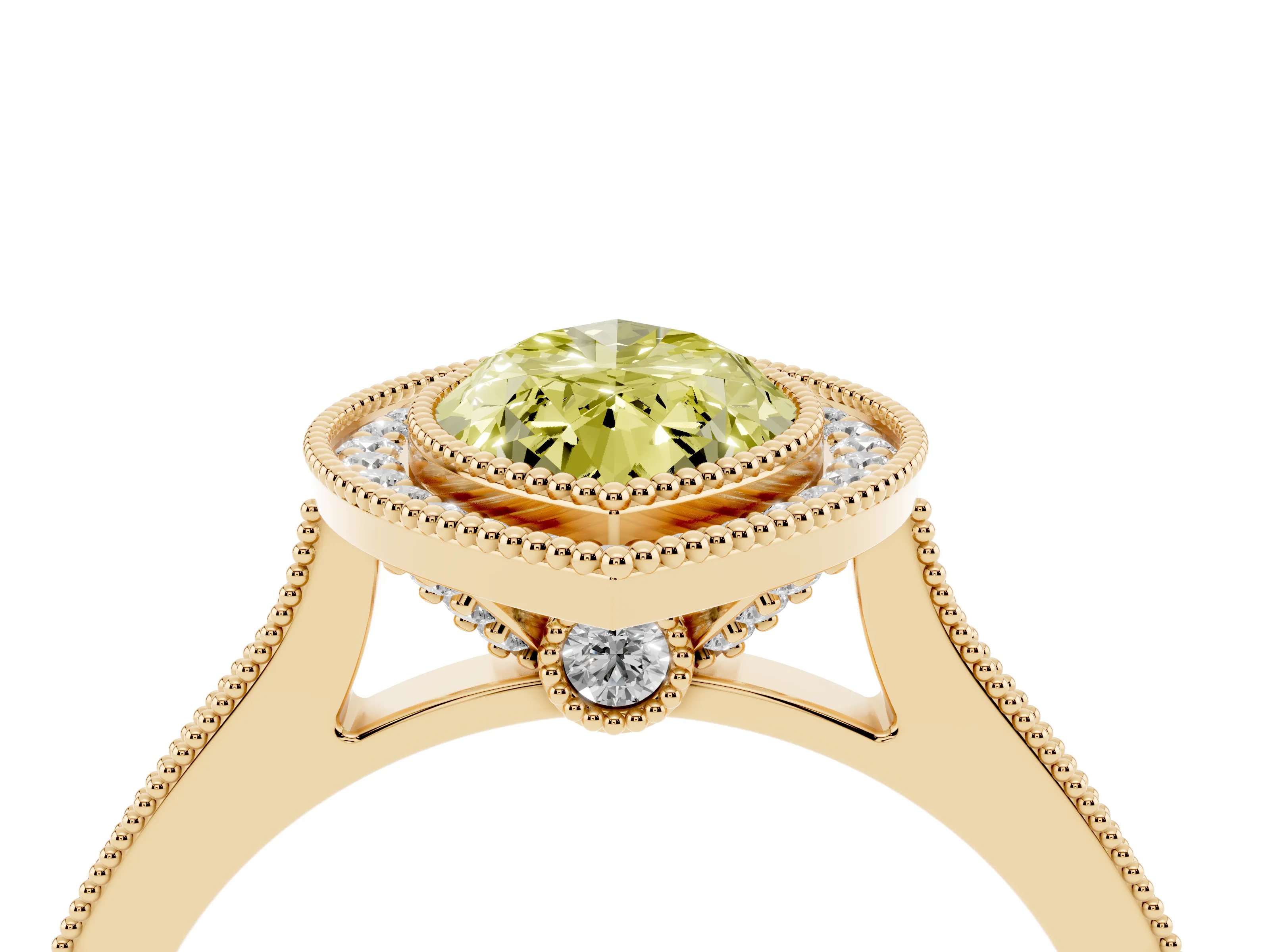 Fancy Yellow Marquise Cut Diamond Halo Milgrain Pavé Band Ring Set in Yellow gold with Prong Setting
