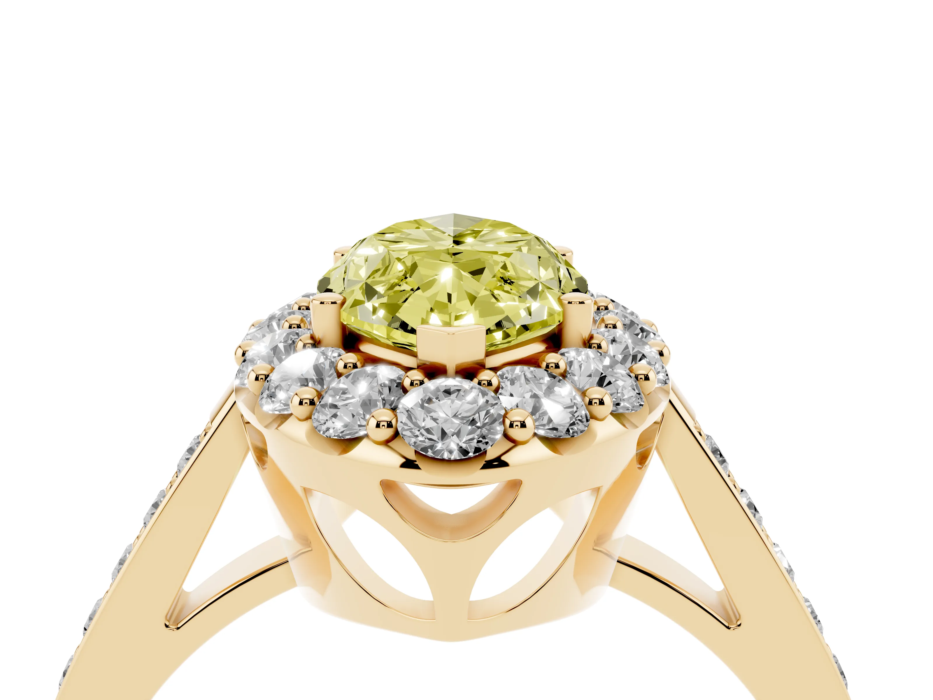 Fancy Yellow Marquise Cut Diamond Floral Halo Ring Set in Yellow gold with Pavé Band and Prong Setting