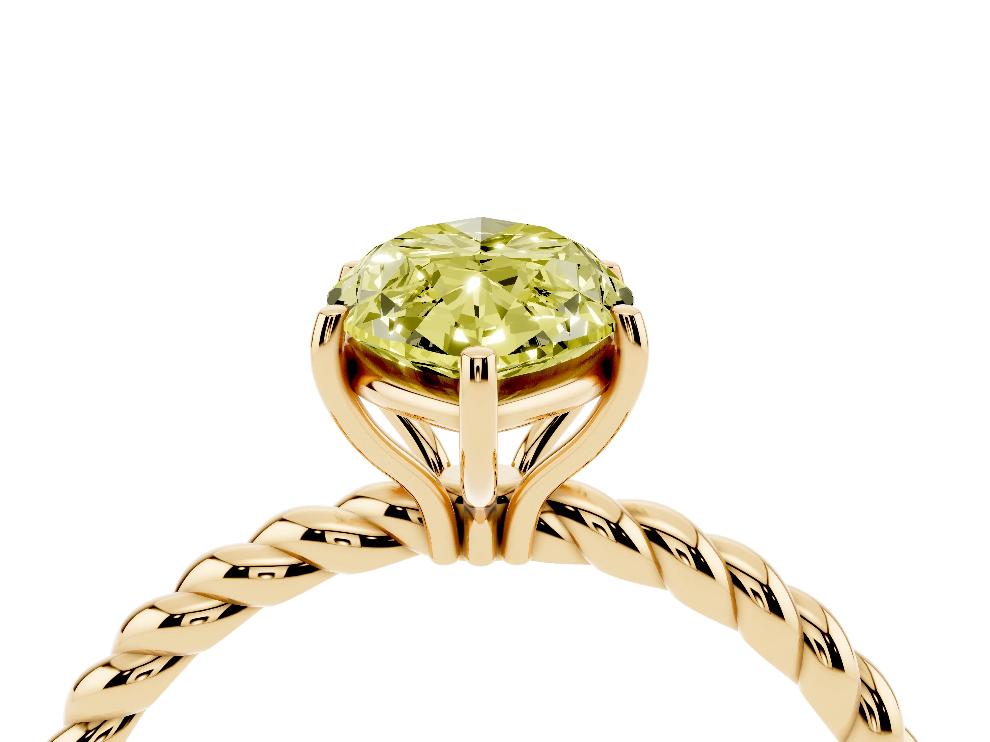 Fancy Yellow Marquise Cut Diamond Solitaire Ring Set in Yellow gold with Twist Band and Prong Setting