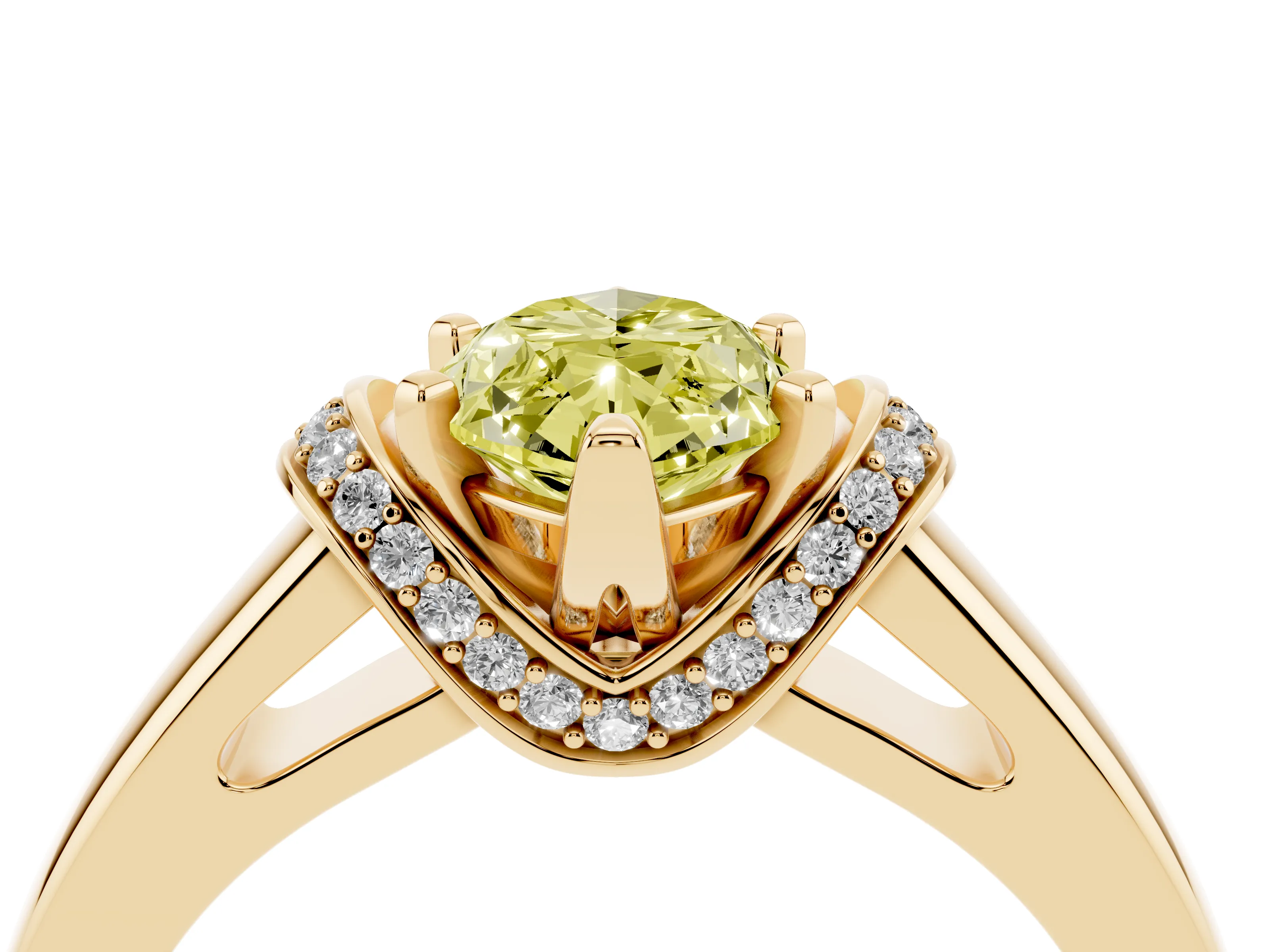 Fancy Yellow Marquise Cut Diamond Pavé Band Solitaire Ring Set in Yellow gold with Prong Setting