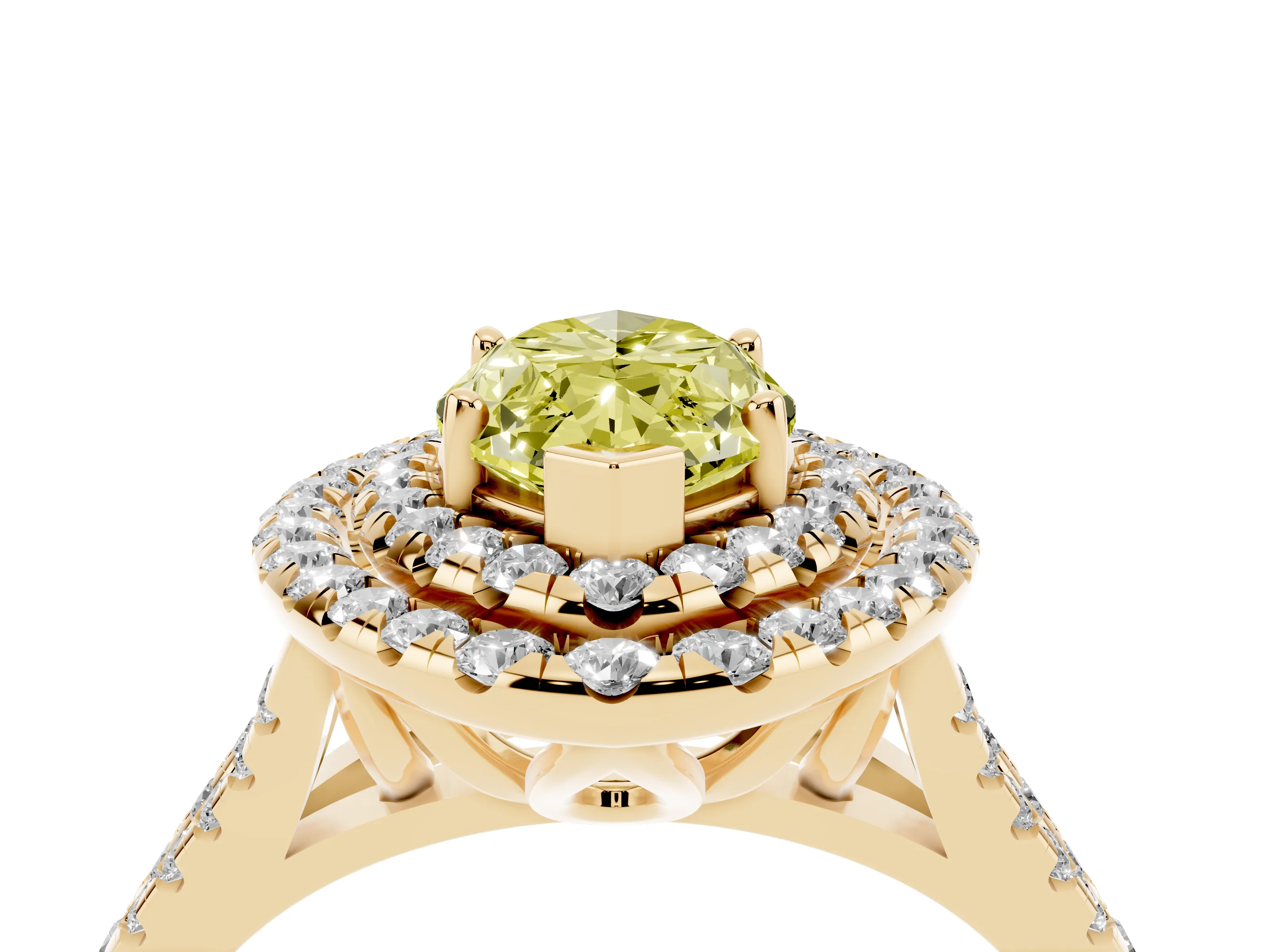 Fancy Yellow Marquise Cut Diamond Double Halo Ring Set in Yellow gold with Pavé Split Shank and Prong Setting