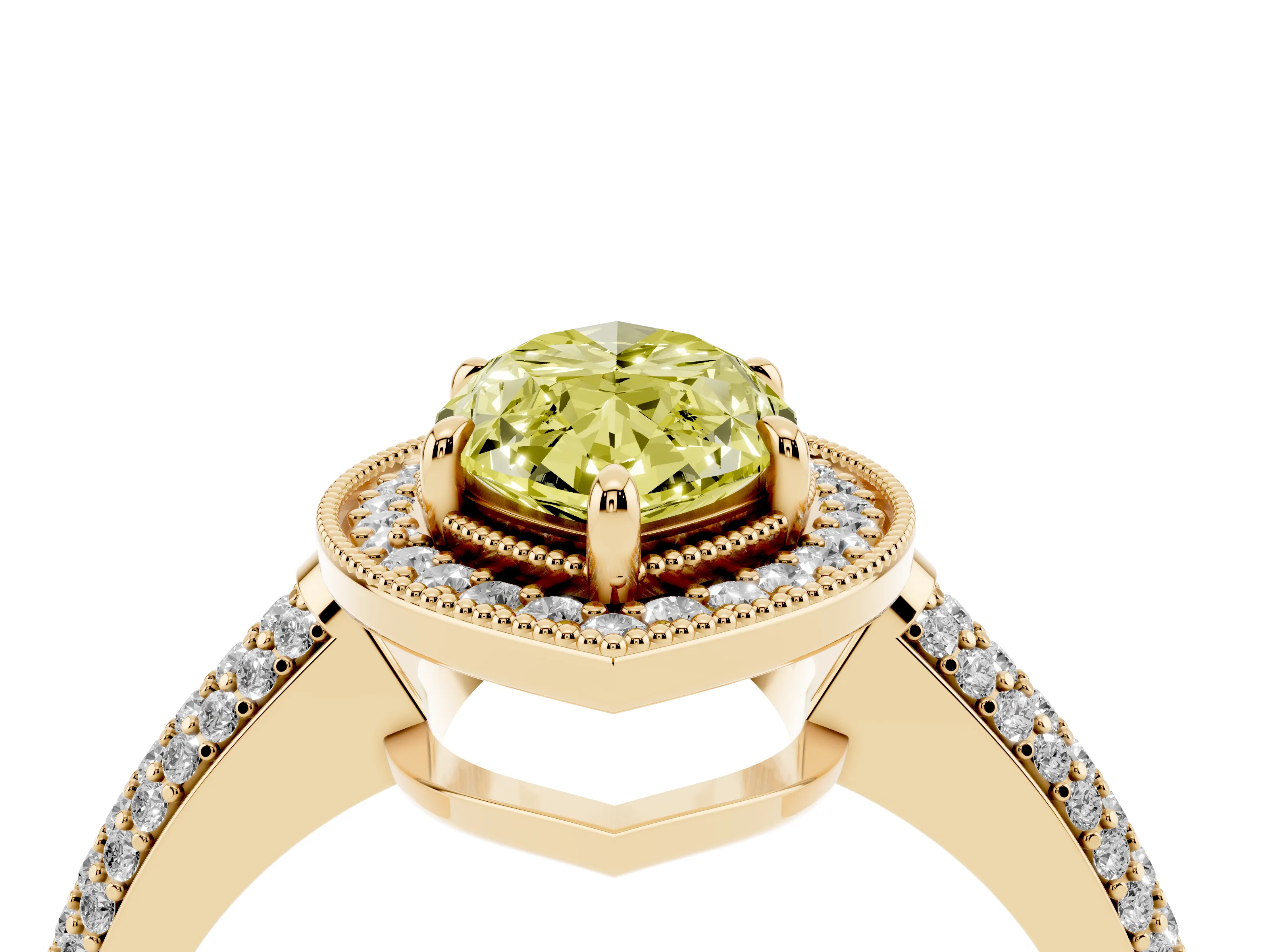 Fancy Yellow Marquise Cut Diamond Halo Pavé Band Set in Yellow gold with Prong Setting