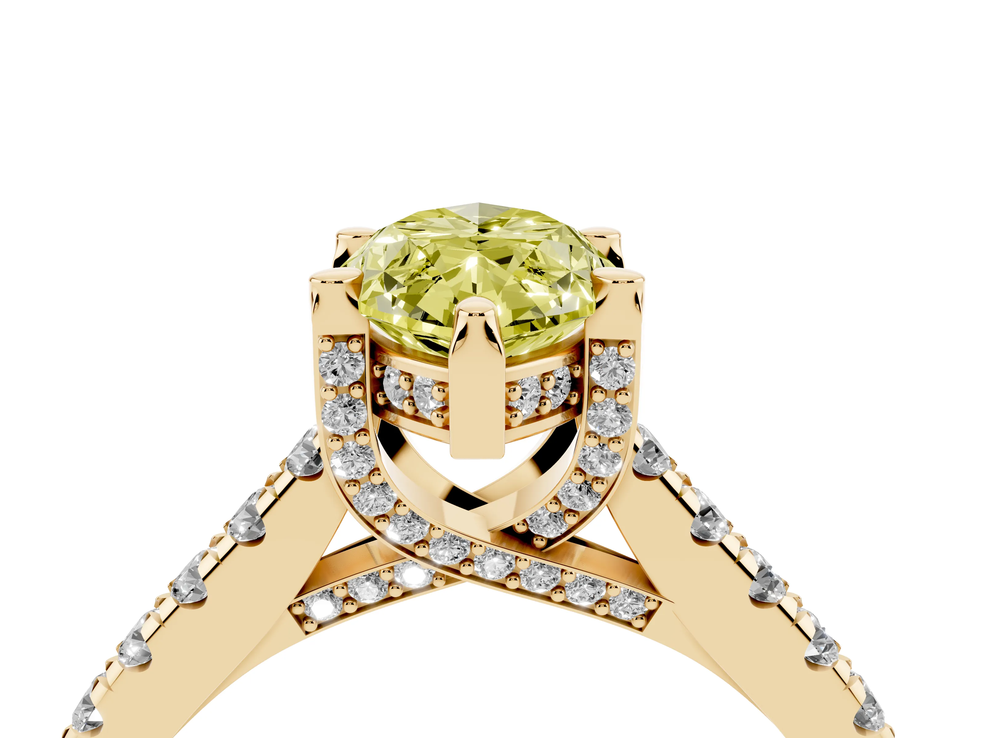 Fancy Yellow Marquise Cut Diamond Solitaire Ring Set in Yellow gold with Brilliant Pavé Band and Prong Setting