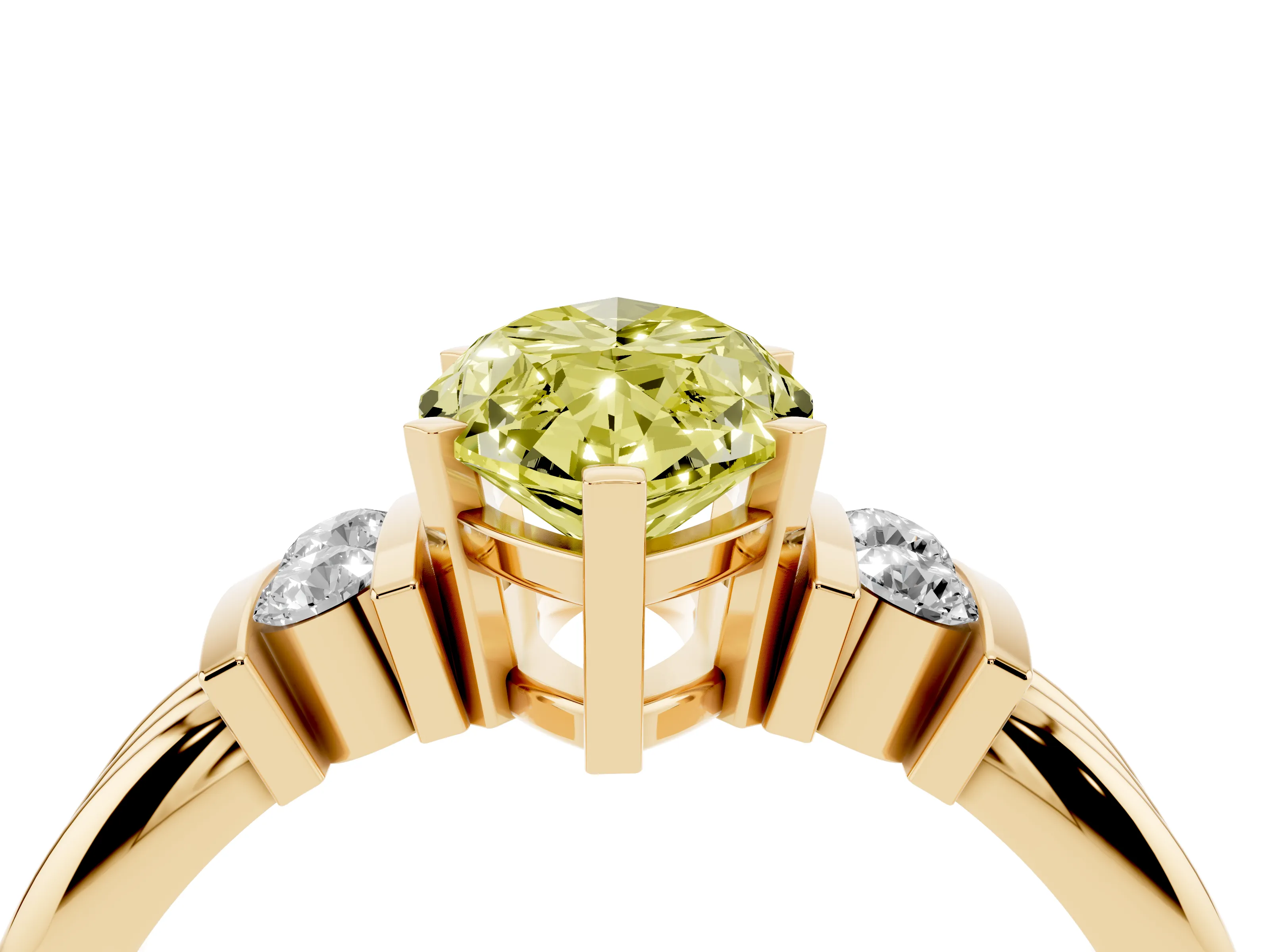 Fancy Yellow Three-Stone Marquise Cut Diamond Channel Set Ring Set in Yellow gold with Bar Prongs