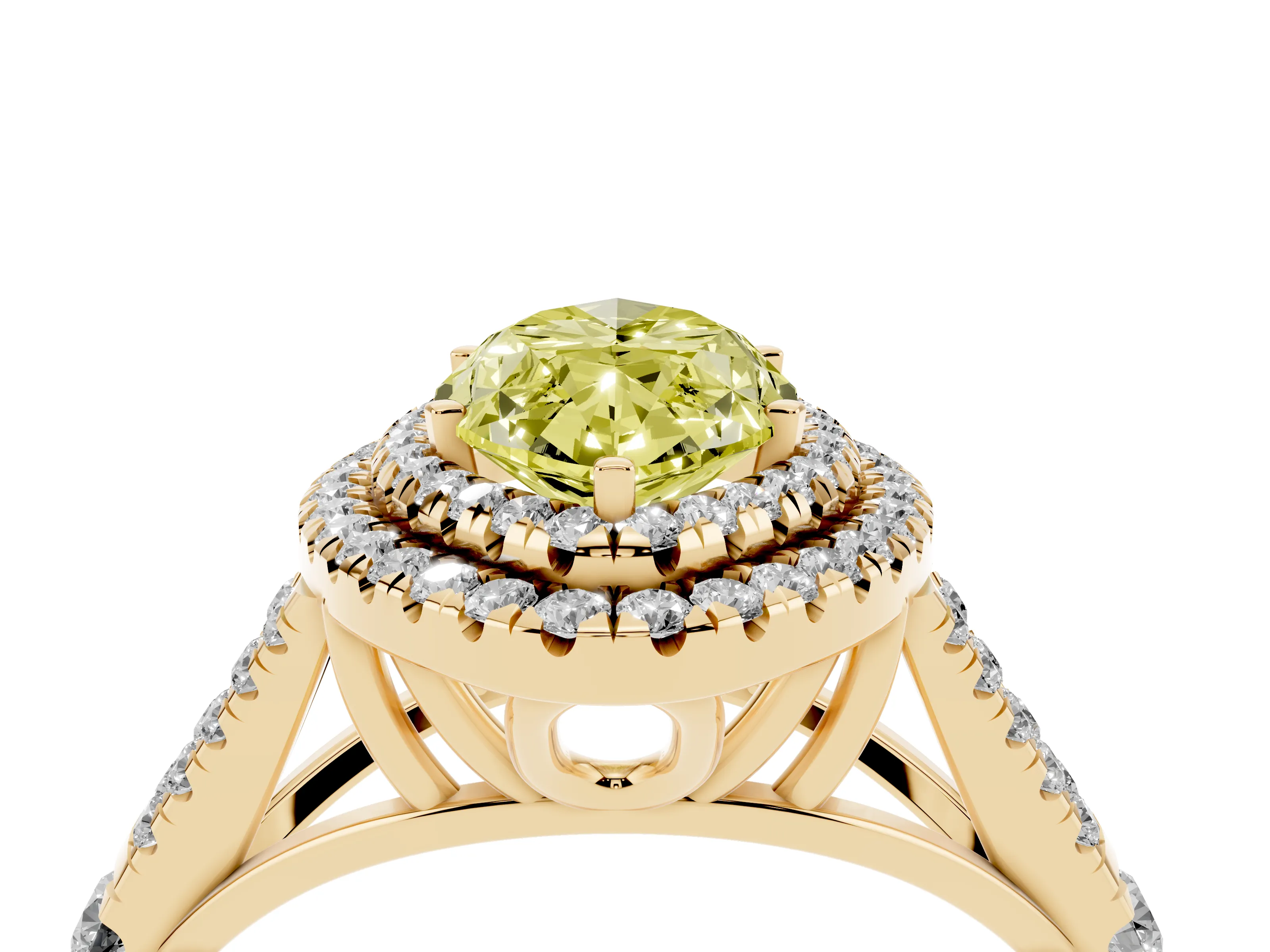 Fancy Yellow Marquise Cut Diamond Pavé Split Shank Double Halo Engagement Ring Set in Yellow gold