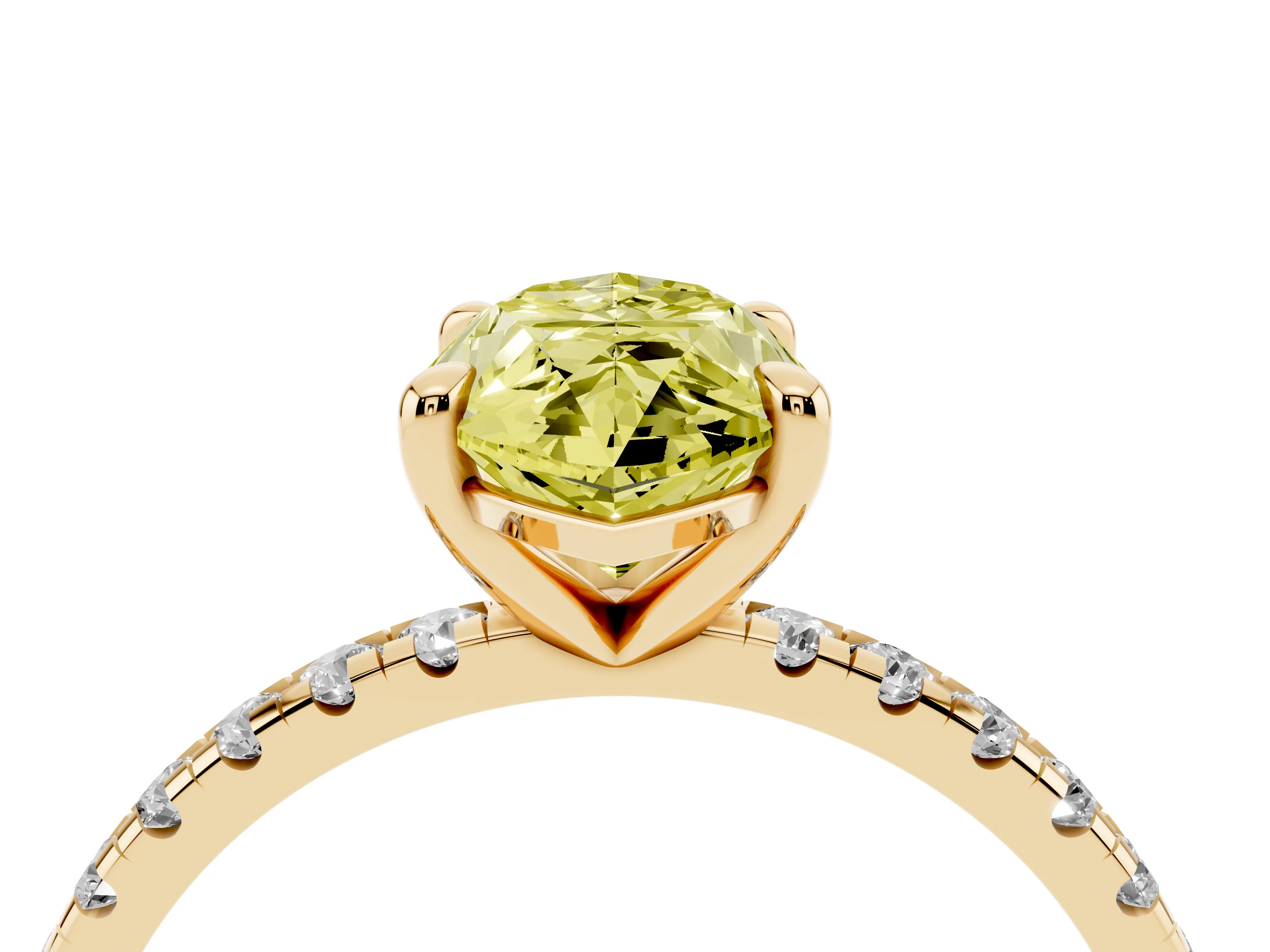 Fancy Yellow Marquise Cut Diamond Brilliant Solitaire Ring Set in Yellow gold with Pavé Band and Prong Setting