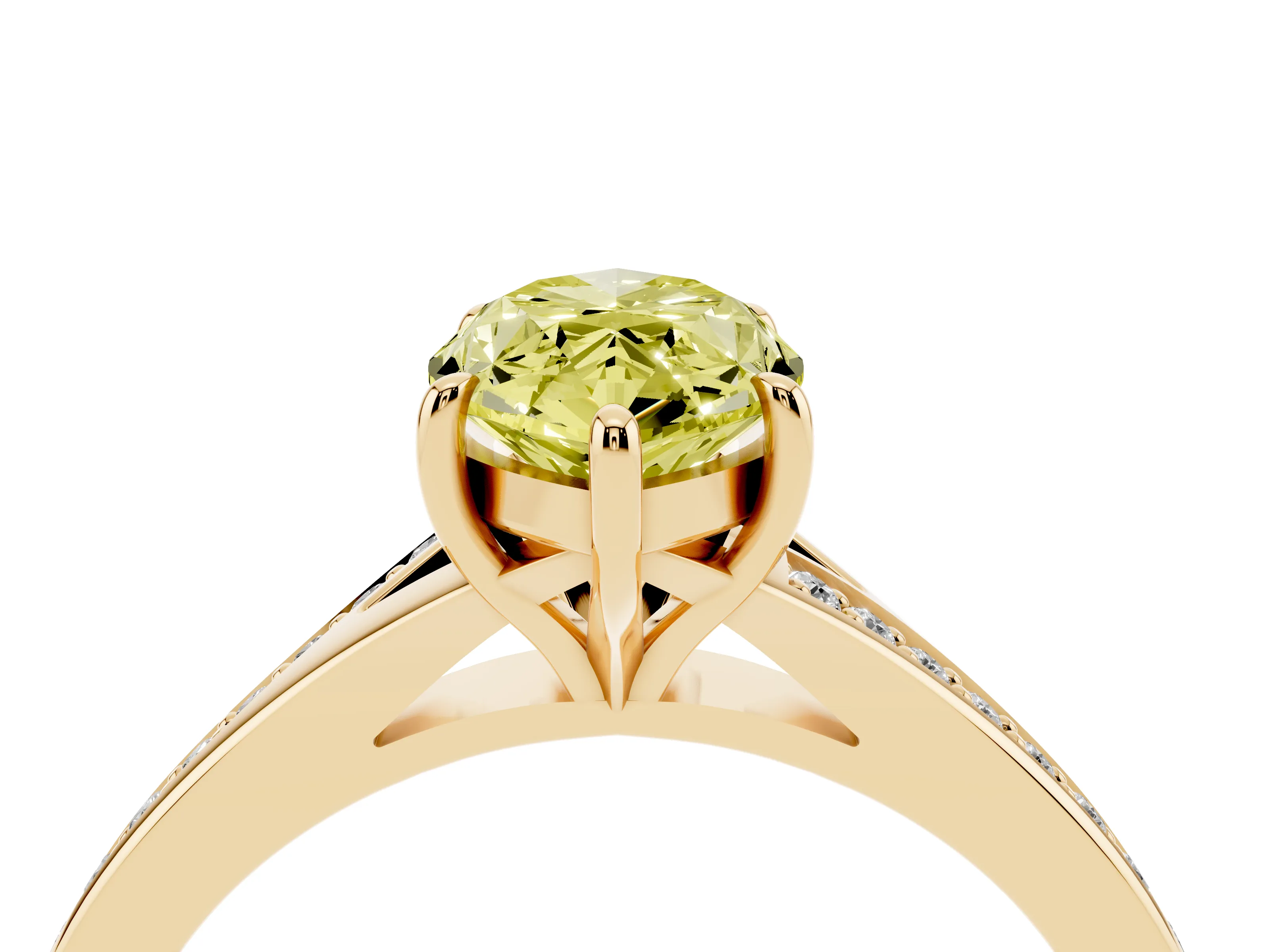 Fancy Yellow Marquise Cut Diamond Solitaire Ring Set in Yellow gold with Pavé Accent Band and Classic Prong Setting