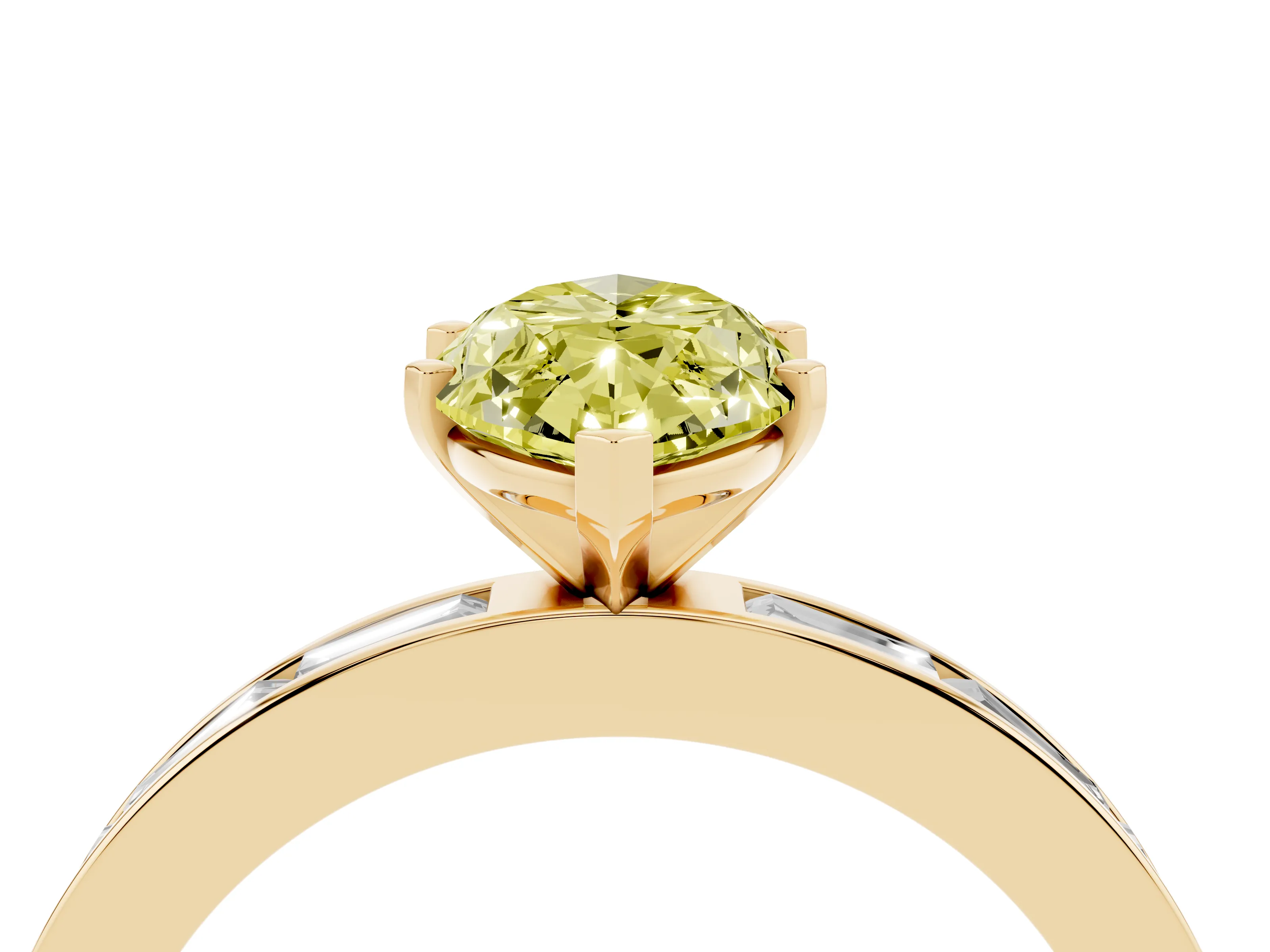 Fancy Yellow Marquise Cut Diamond Solitaire Ring Set in Yellow gold with Channel-Set Baguette Band and Prong Setting