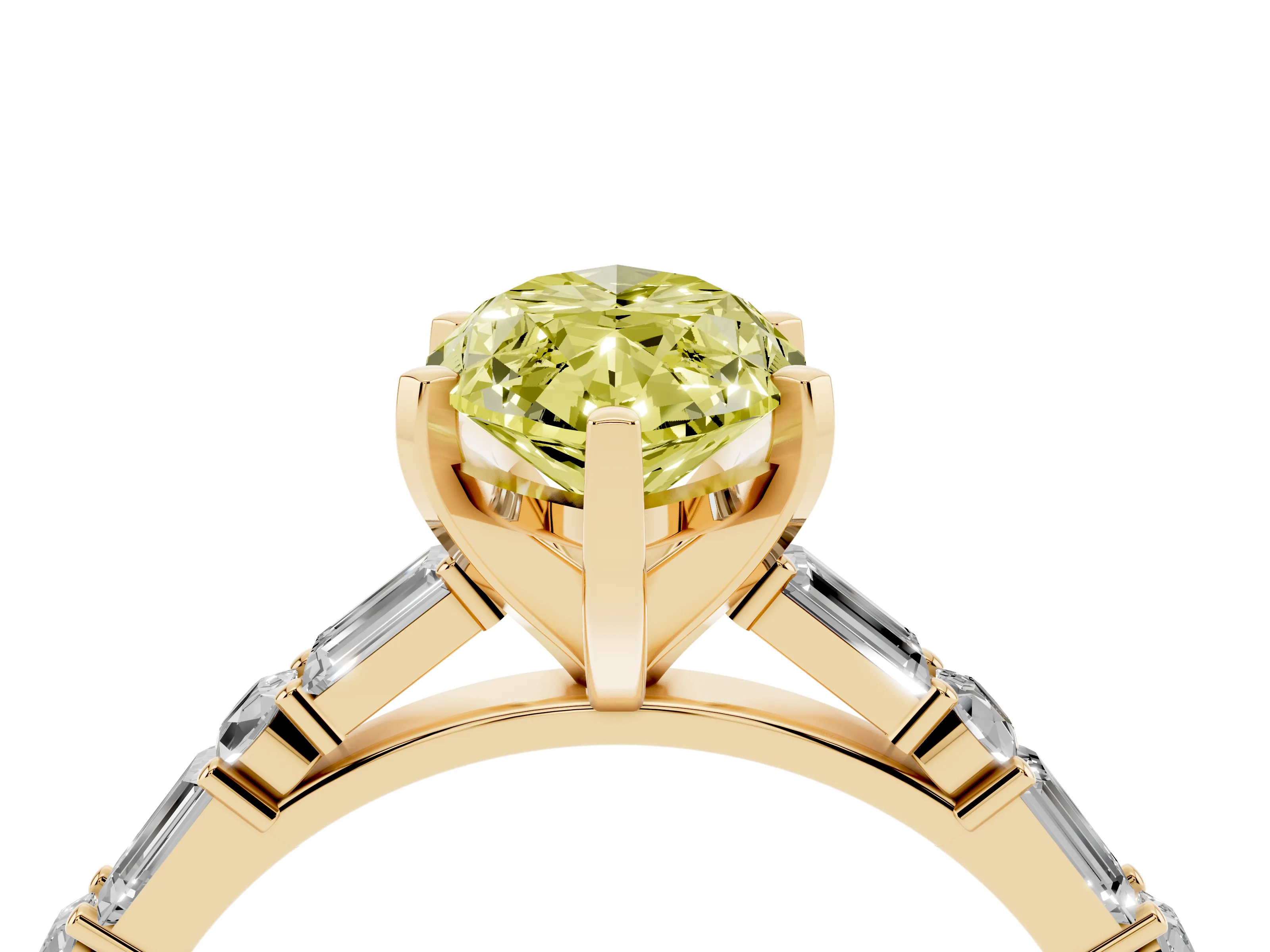 Fancy Yellow Marquise Cut Diamond Solitaire Set in Yellow gold with Side Baguettes and Channel Set Band