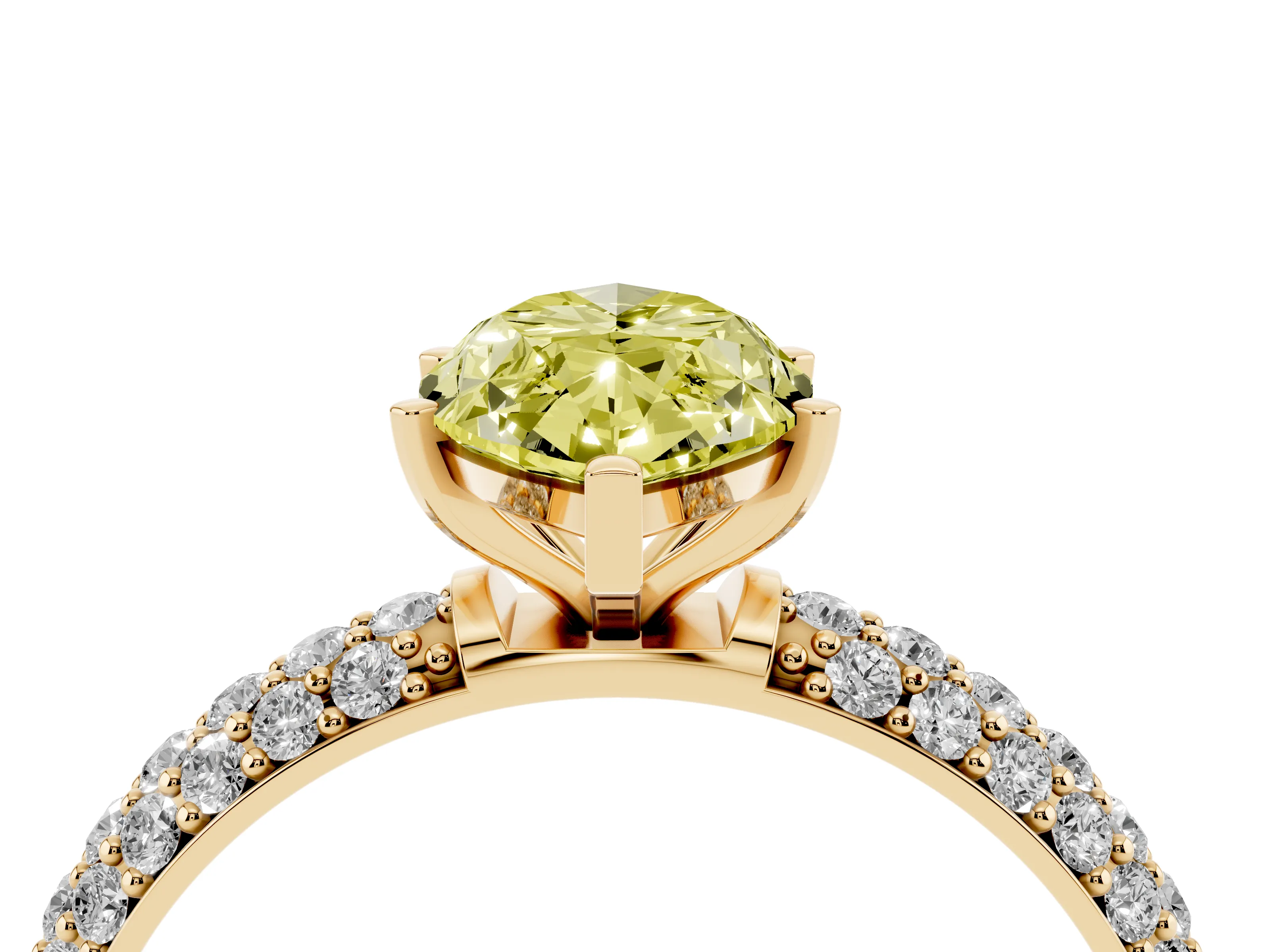 Fancy Yellow Marquise Cut Diamond Solitaire Ring Set in Yellow gold with Prong Setting and Pavé-Set Band