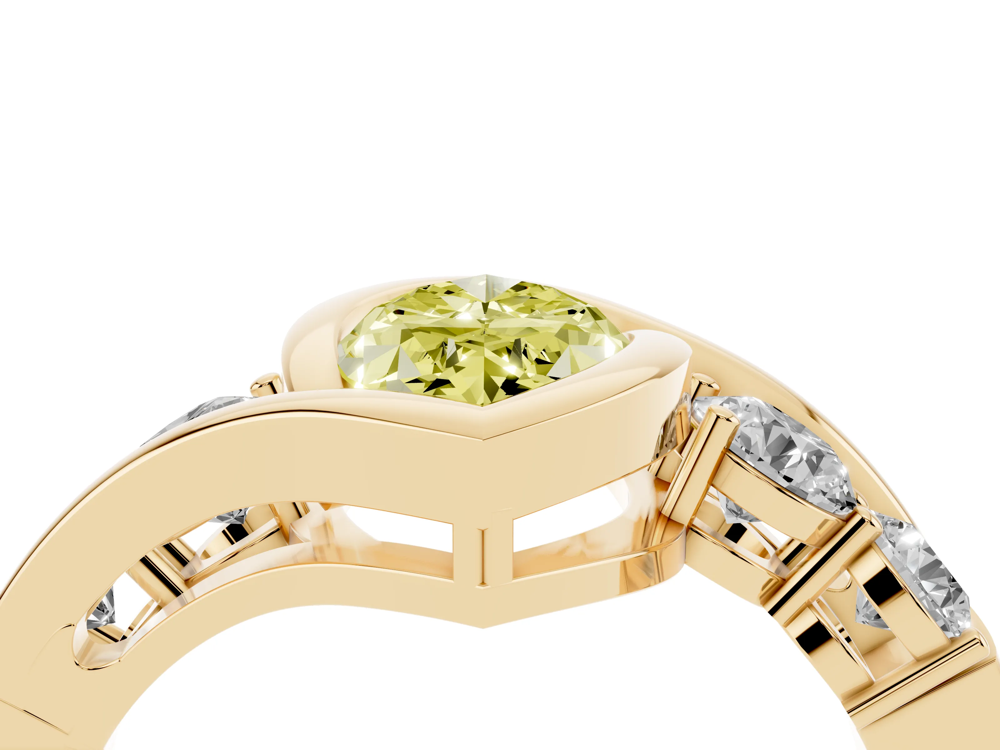 Fancy Yellow Marquise Cut Diamond Bezel Bypass Ring Set in Yellow gold with Round Accents