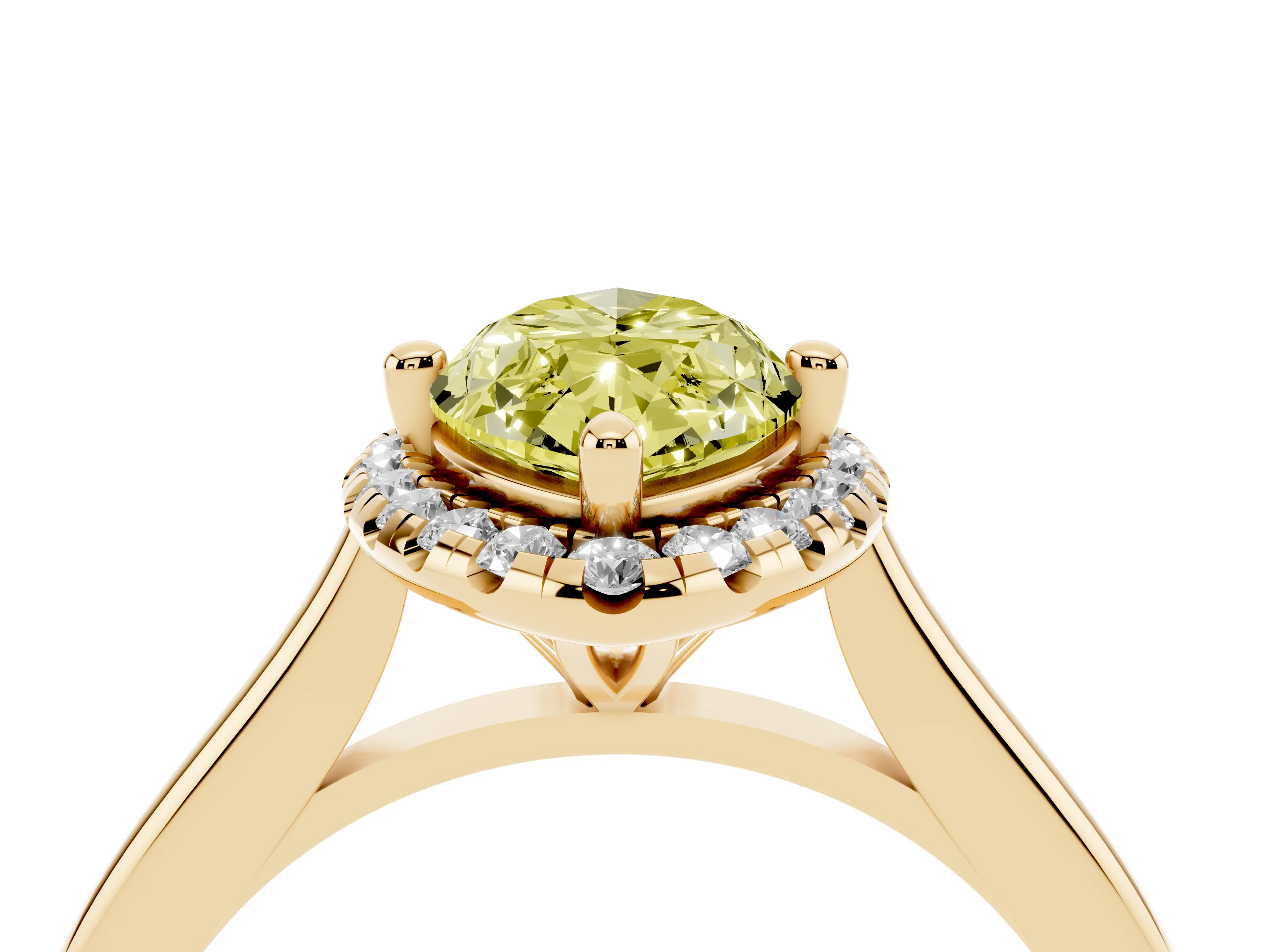Fancy Yellow Marquise Cut Diamond Halo Engagement Ring Set in Yellow gold with Pavé Band and Rising Shoulders