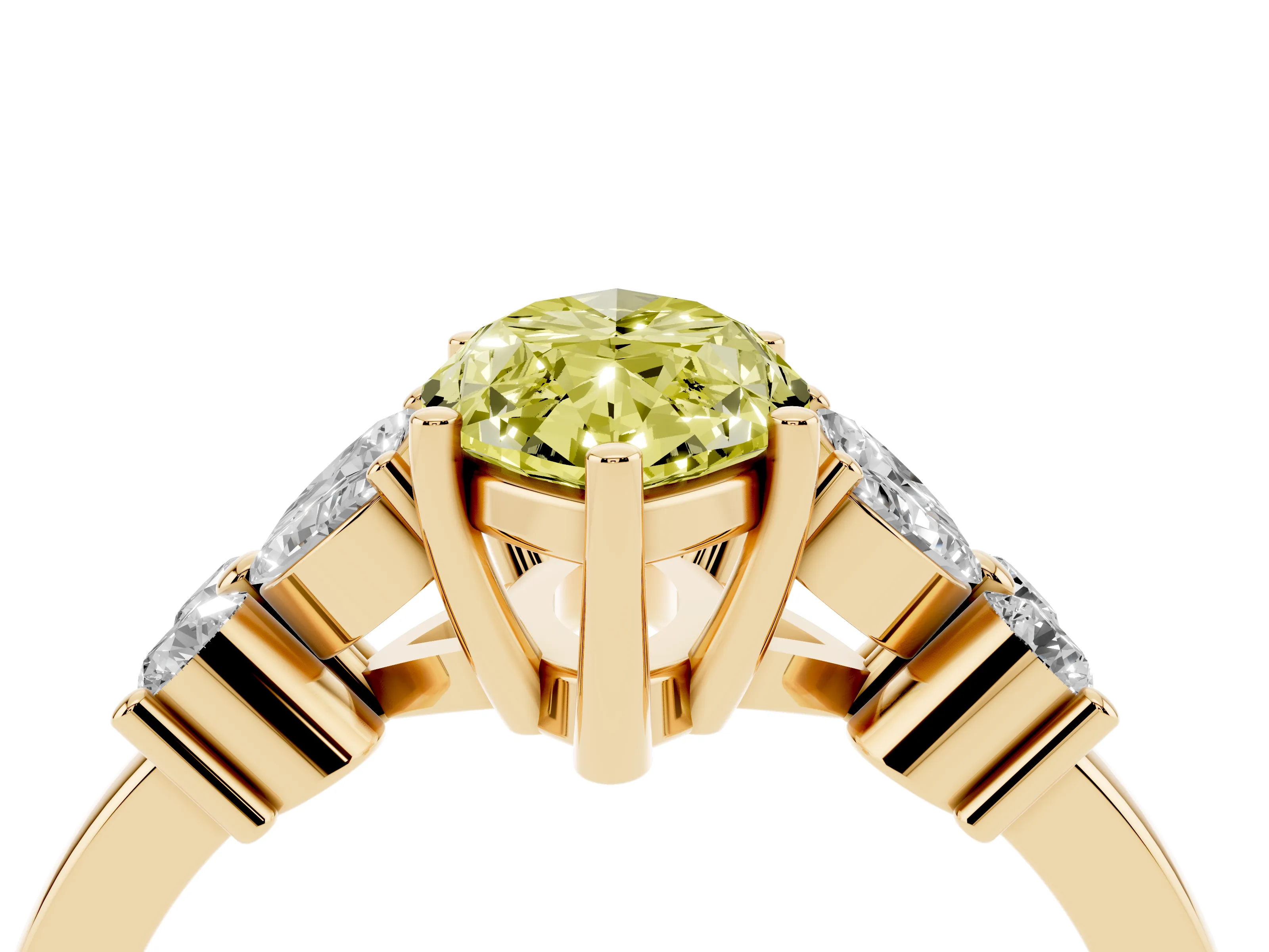 Fancy Yellow Marquise Cut Diamond Floral Cluster Ring Set in Yellow gold with Marquise Petals and Prong Setting