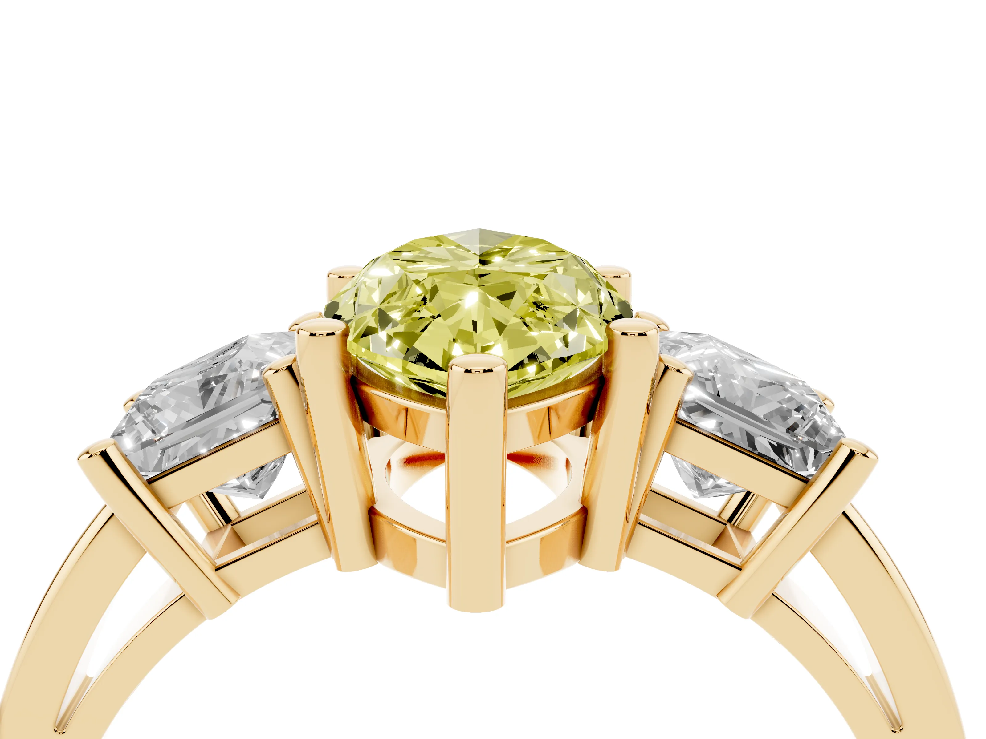 Fancy Yellow Three-Stone Marquise Cut Diamond Solitaire Ring Set in Yellow gold with Prong Setting