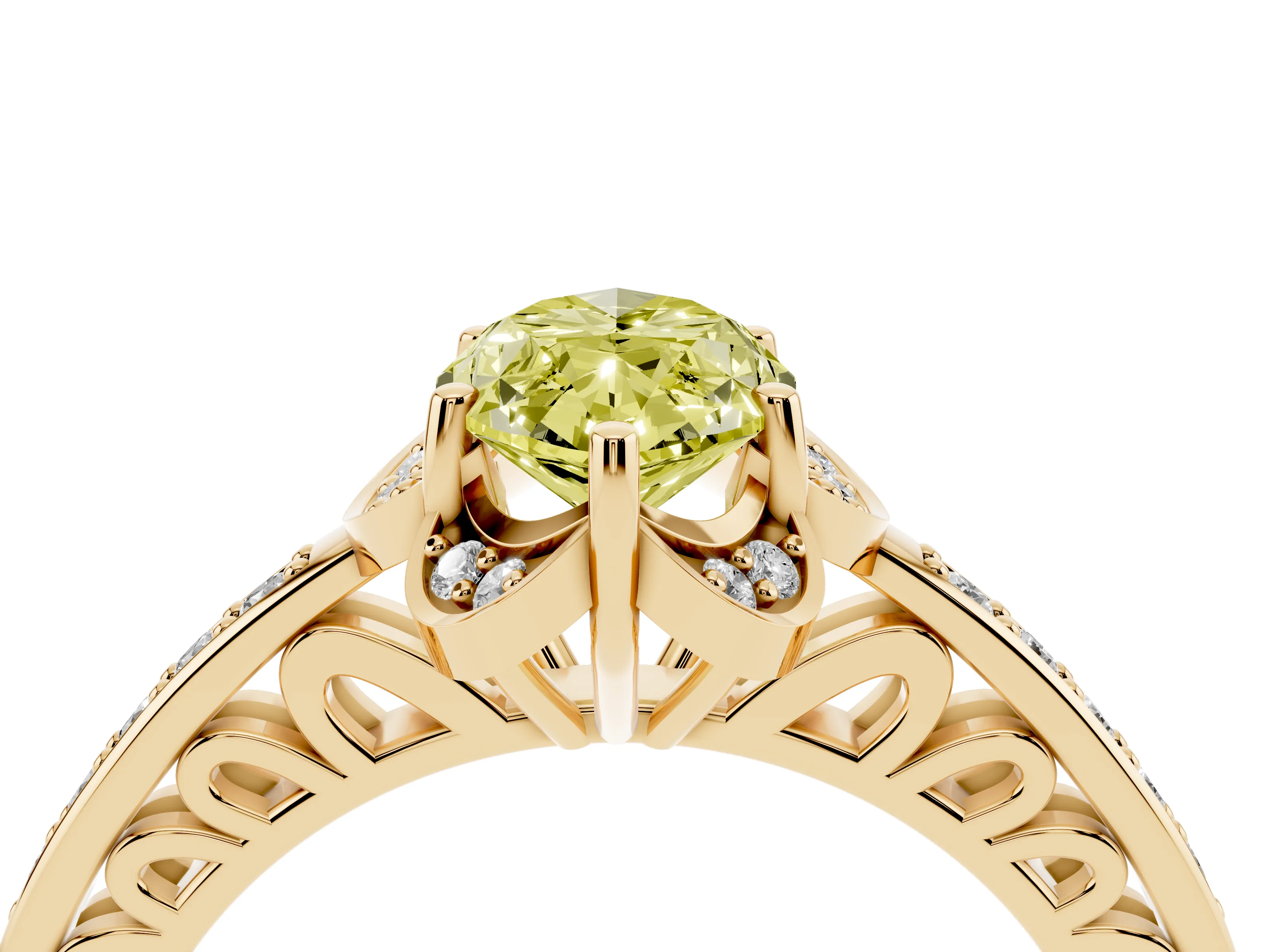 Fancy Yellow Marquise Cut Diamond Halo Ring Set in Yellow gold with Channel Set Band and Prong Setting