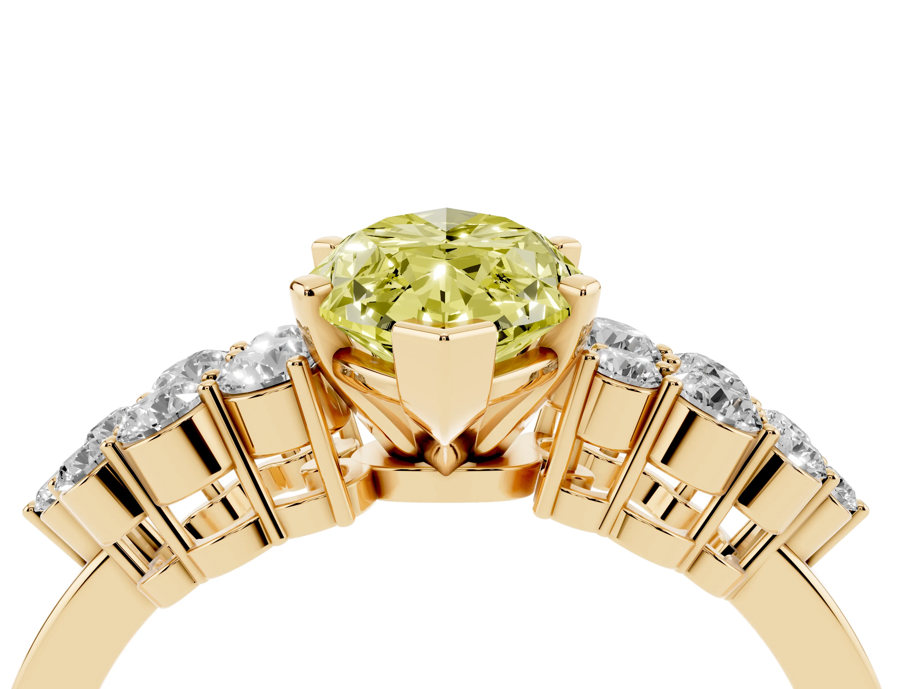 Fancy Yellow Marquise Cut Diamond Cluster Engagement Ring Set in Yellow gold with Pavé Band and Prong Setting