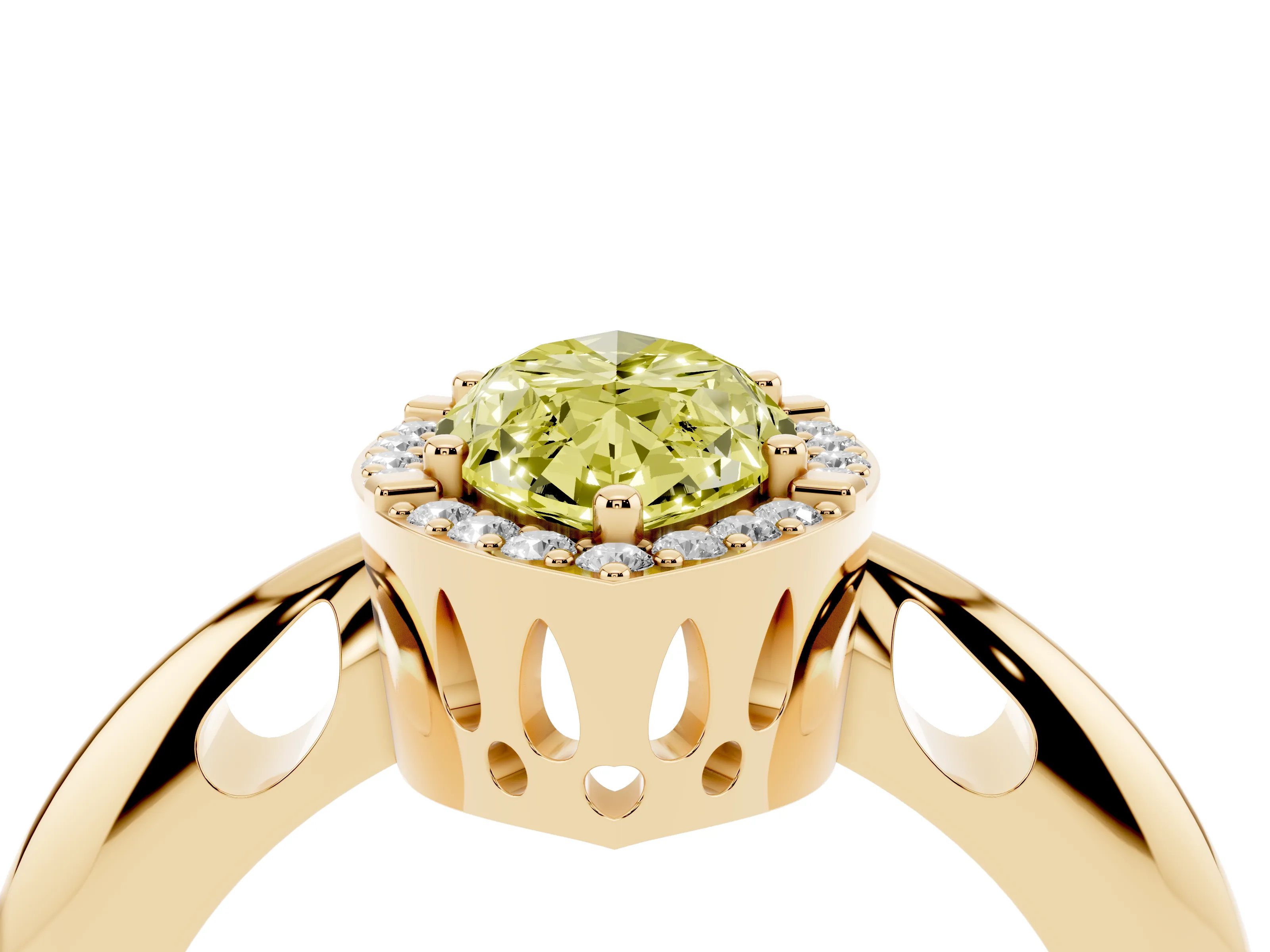 Fancy Yellow Marquise Cut Diamond Halo Engagement Ring Set in Yellow gold with Plain Split Shank and Prong Setting