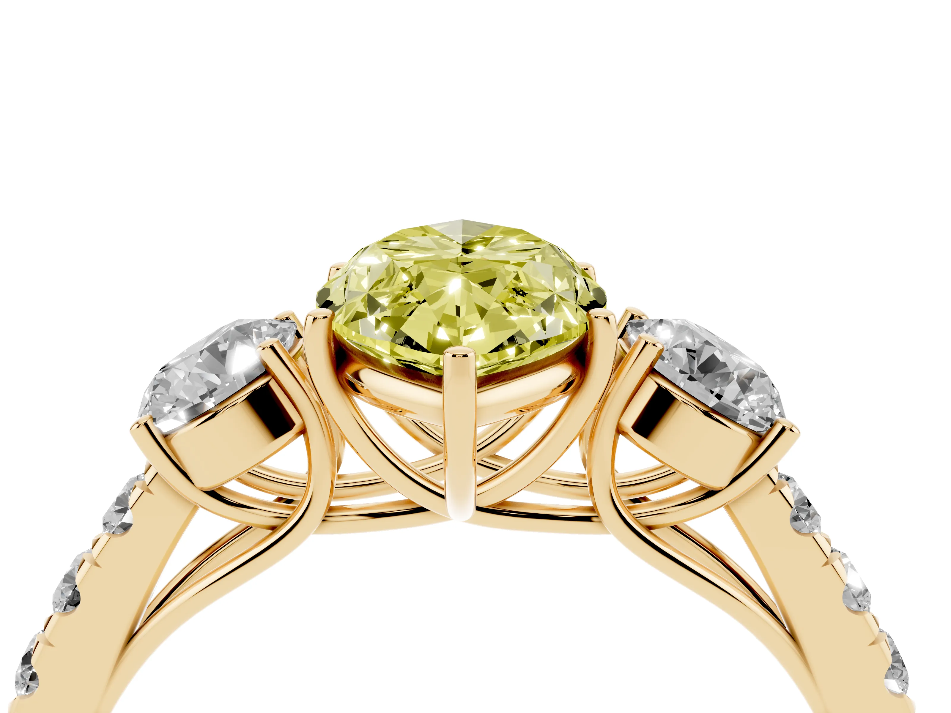 Fancy Yellow Marquise Cut Diamond Three-Stone Ring Set in Yellow gold with Round Side Stones and Delicate Pavé Band