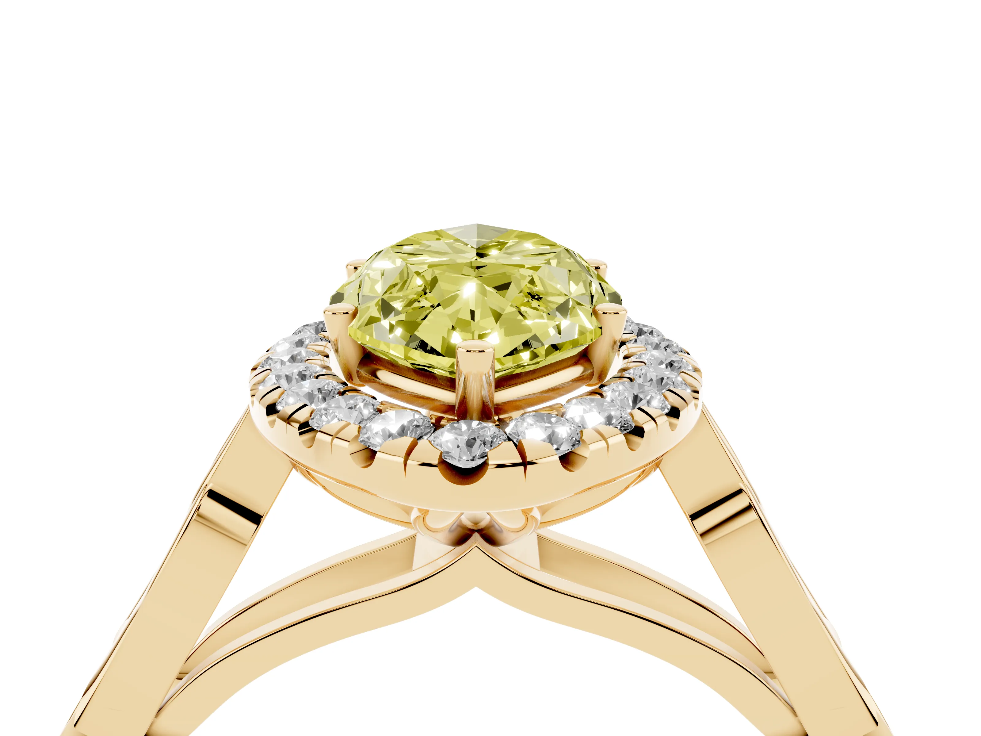 Fancy Yellow Marquise Cut Diamond Halo Engagement Ring Set in Yellow gold with Filigree Band and Prong-Set Center