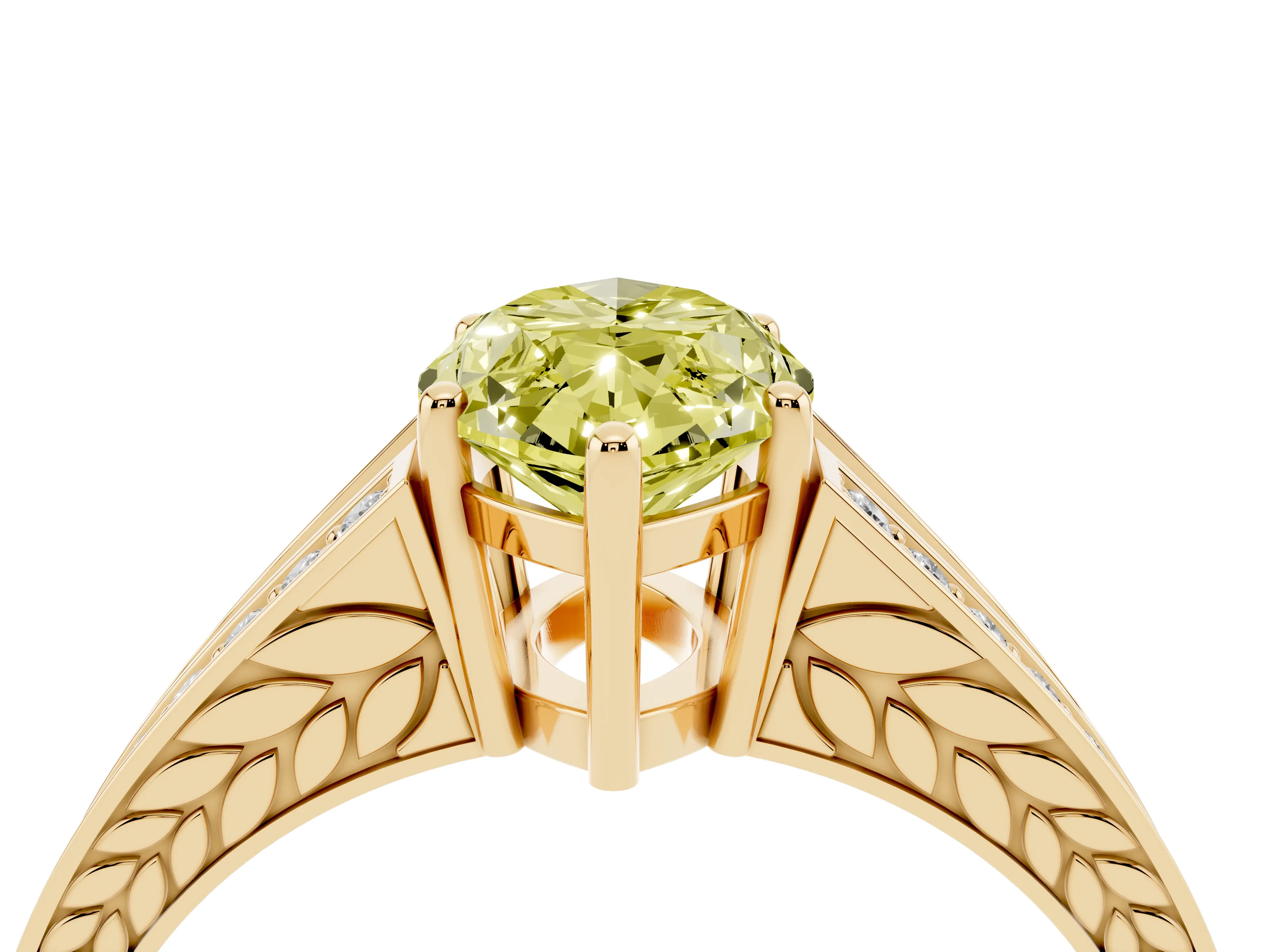 Fancy Yellow Marquise Cut Diamond Split Shank Ring Set in Yellow gold with Pavé Band and Prong Setting