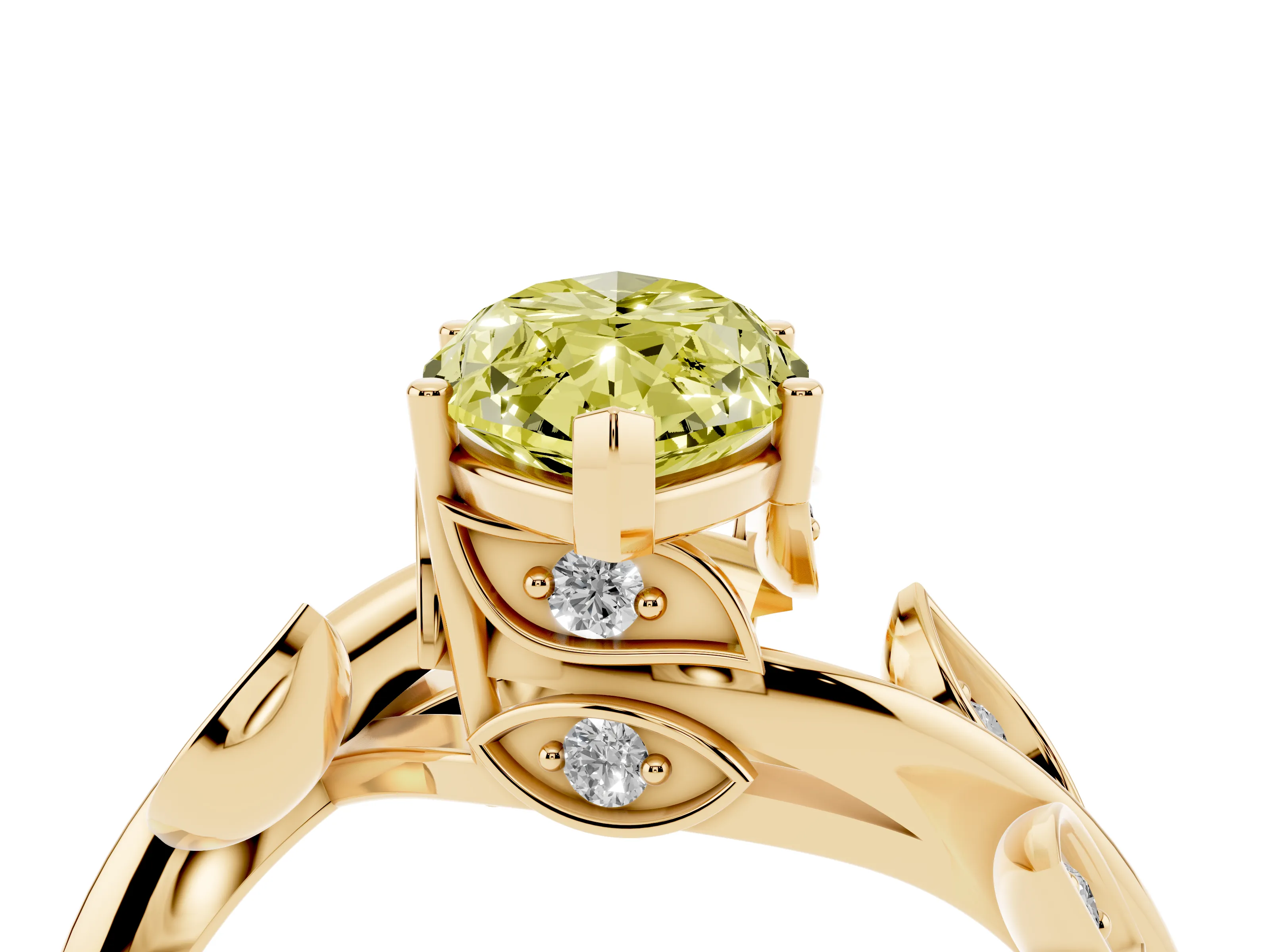 Fancy Yellow Marquise Cut Diamond Solitaire Twist Engagement Ring Set in Yellow gold with Pavé Leaf Accents