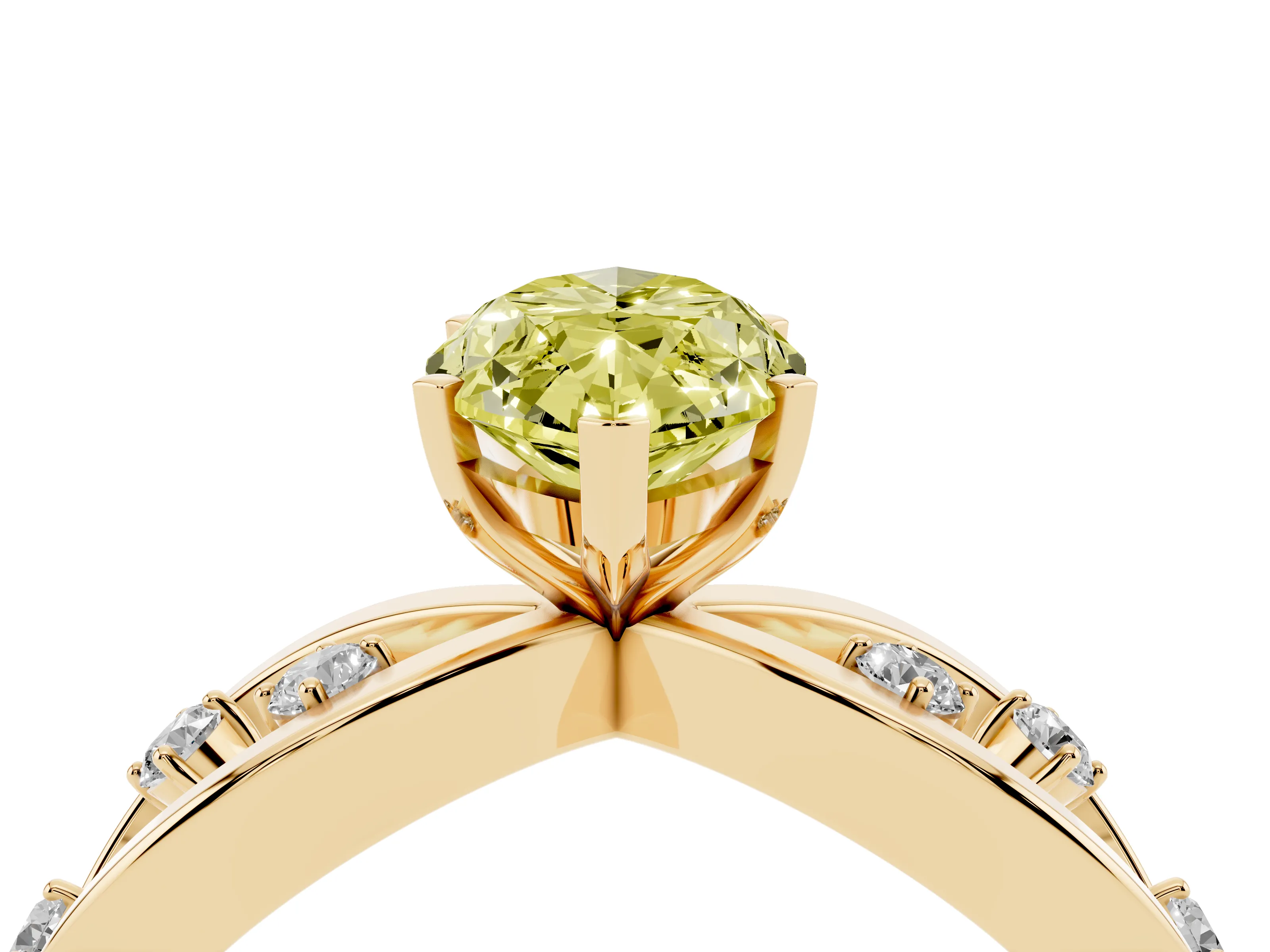 Fancy Yellow Marquise Cut Diamond Solitaire Ring Set in Yellow gold with Side Stones on Criss-Cross Band and Prong Setting