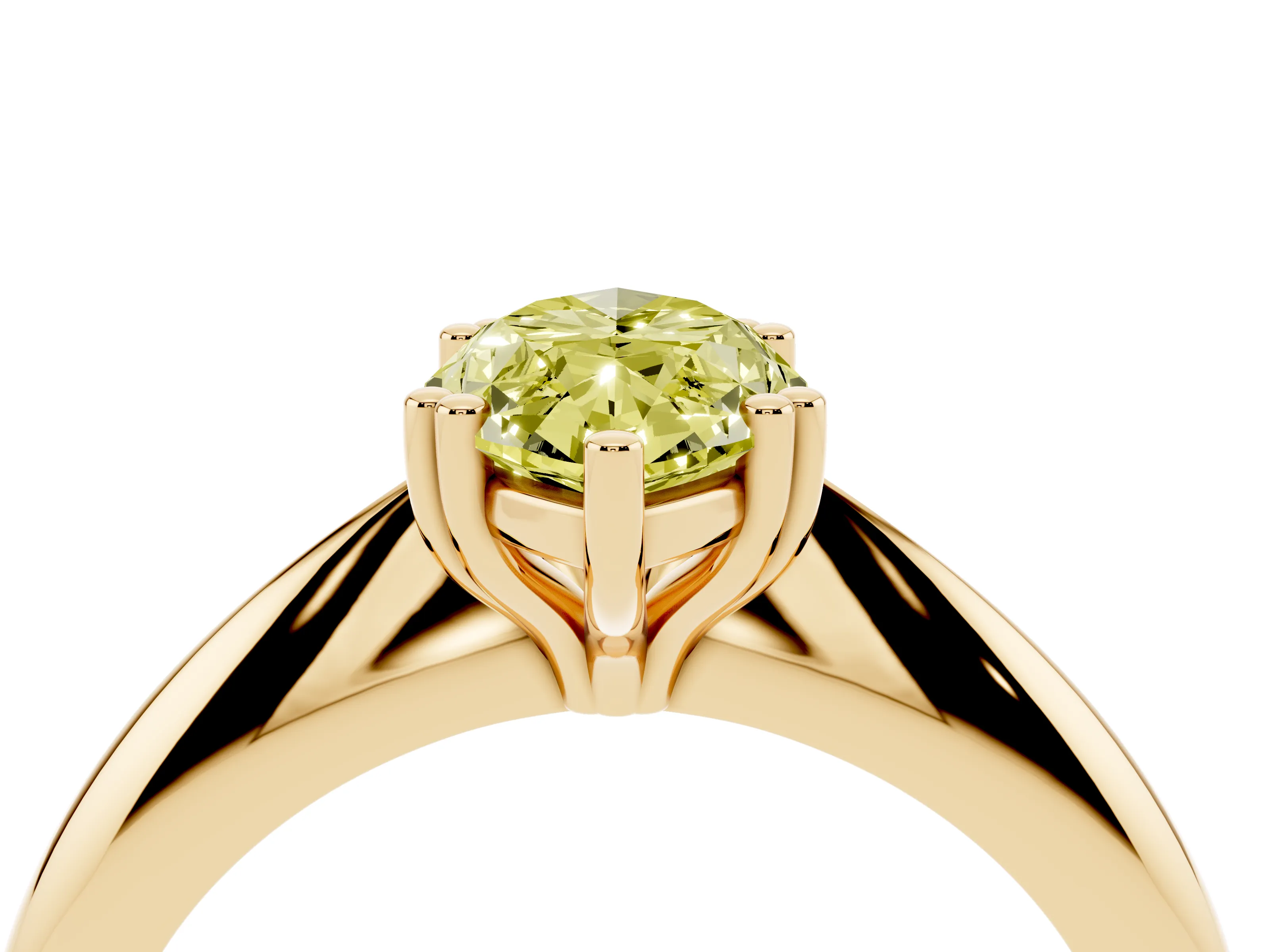 Fancy Yellow Marquise Cut Diamond Solitaire Engagement Ring Set in Yellow gold with Tapered Band and Prong Setting