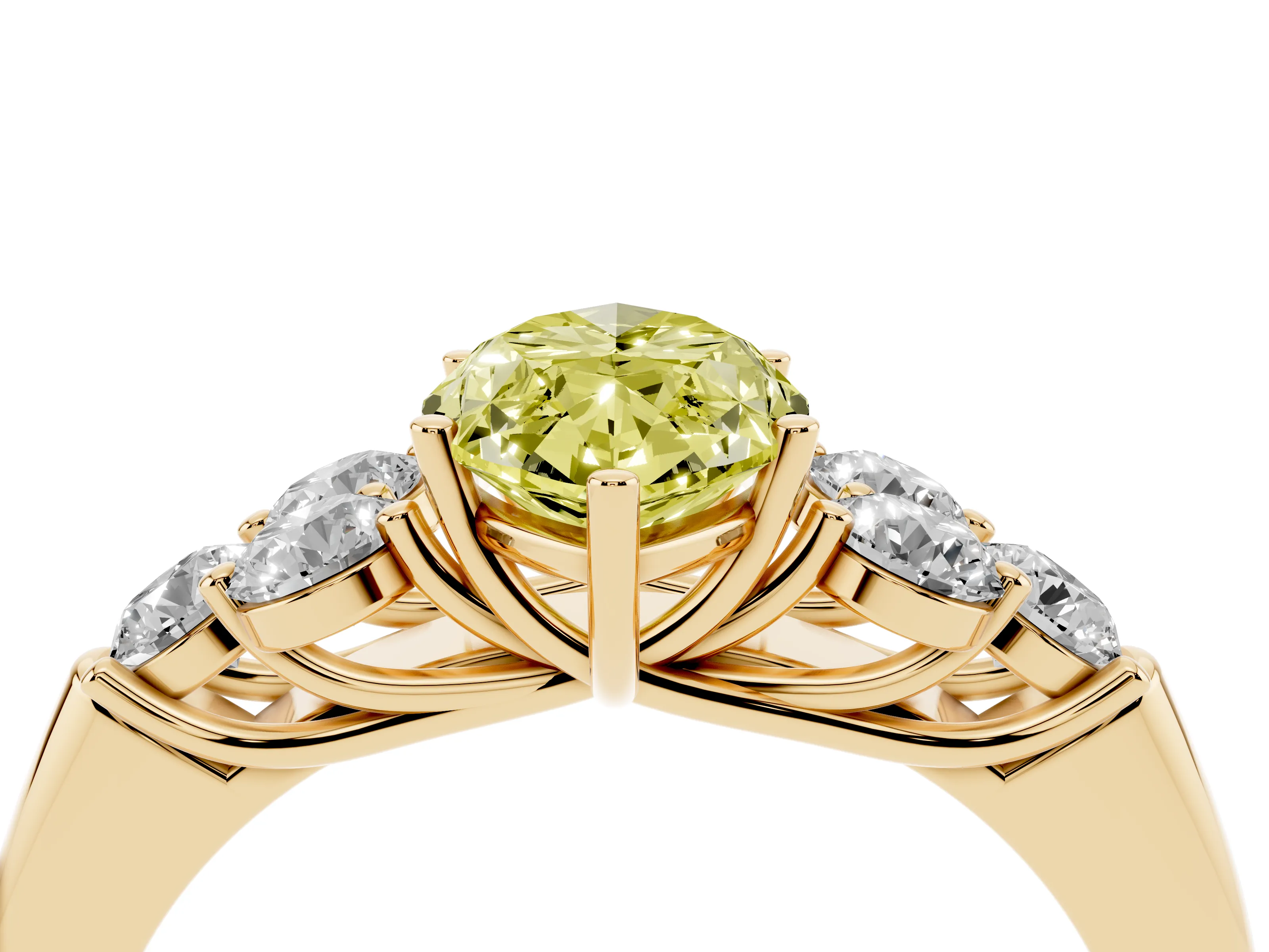 Fancy Yellow Marquise Cut Diamond Cluster Ring Set in Yellow gold with Round Accent Stones and Prong Setting on a Plain Band
