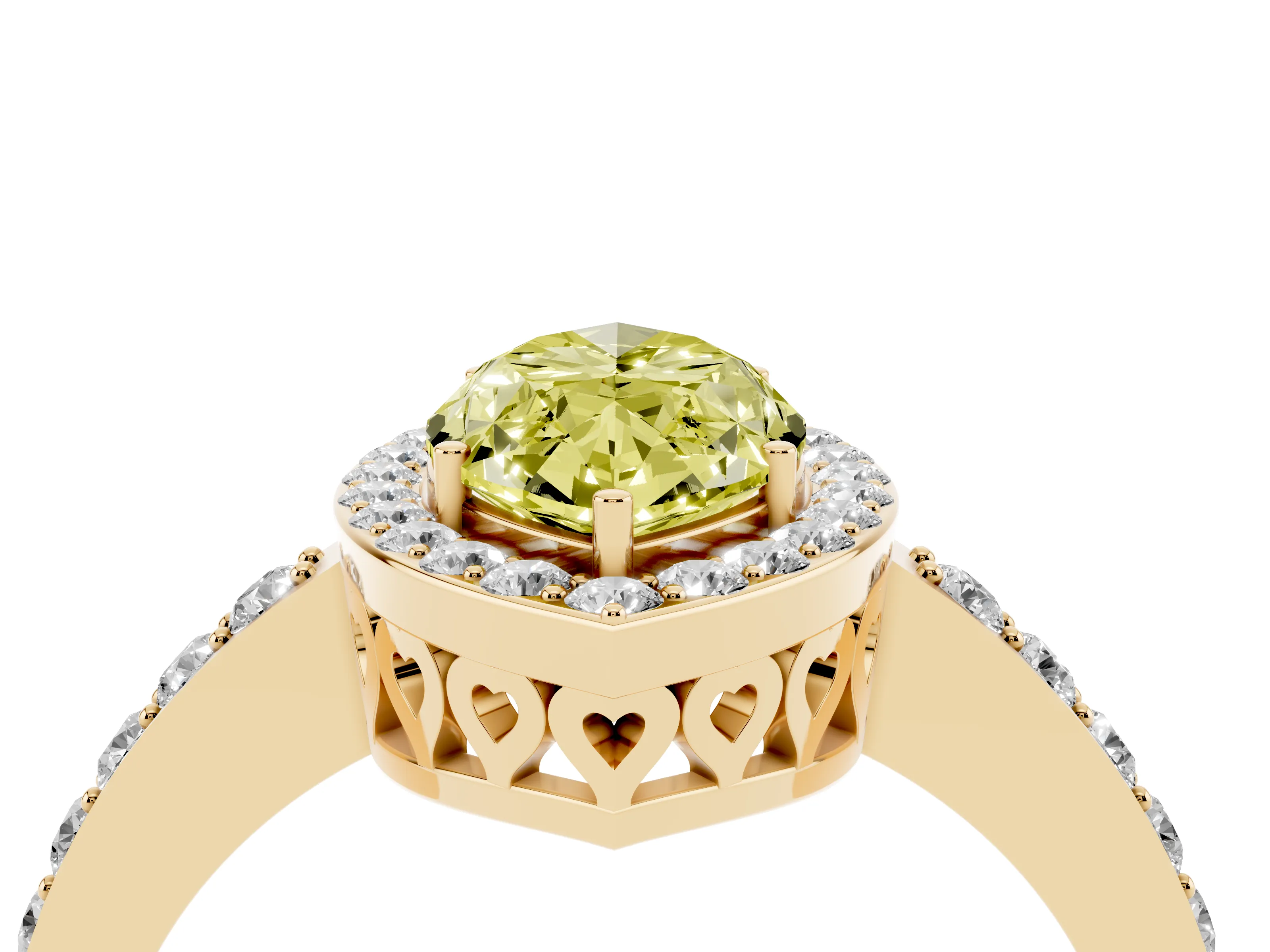 Fancy Yellow Marquise Cut Diamond Halo Ring Set in Yellow gold with Pavé-Setting Band and Open Prong Center