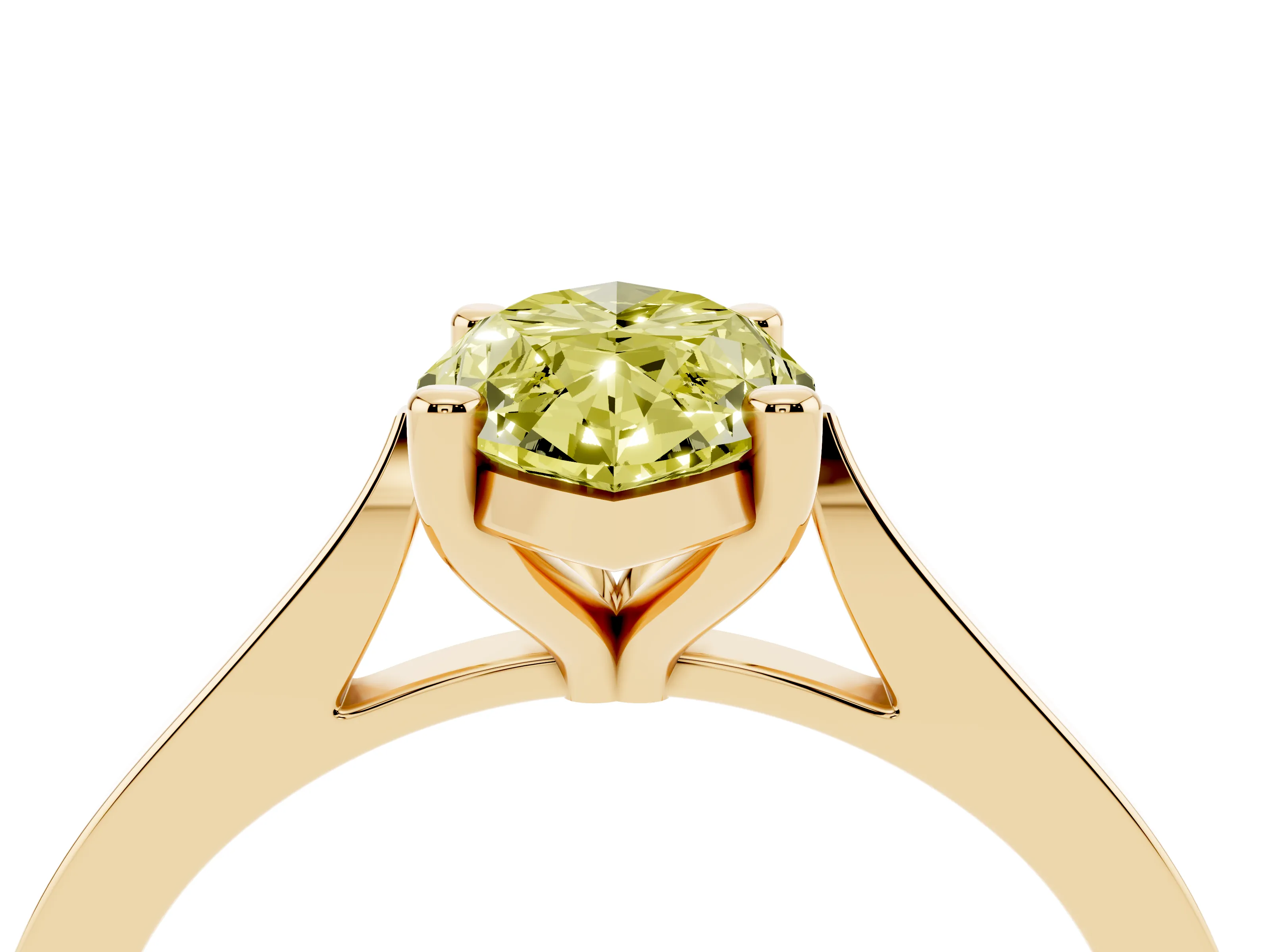 Fancy Yellow Marquise Cut Diamond Solitaire Ring Set in Yellow gold with Prong Setting and Tapered Band