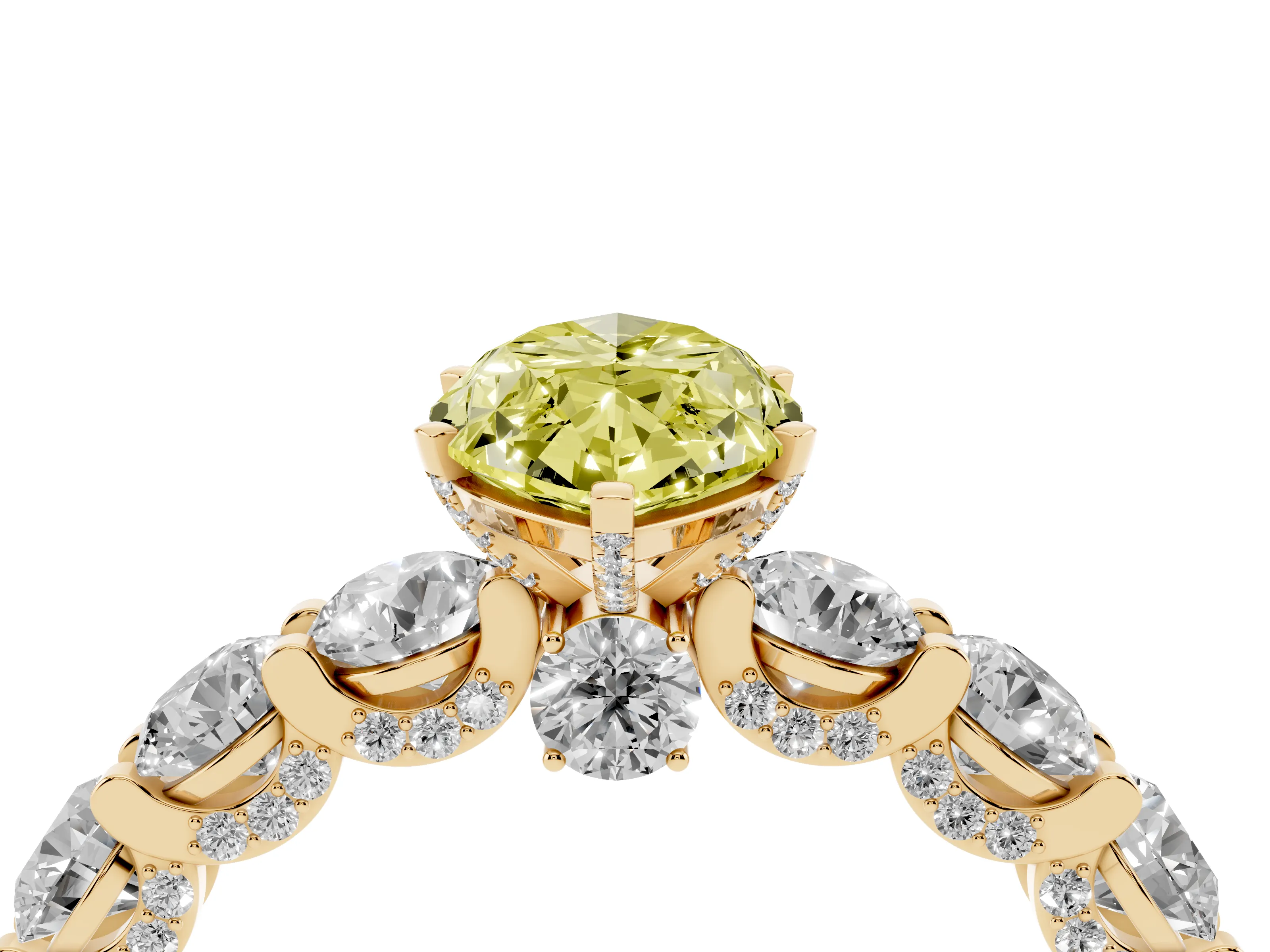 Fancy Yellow Marquise Cut Diamond Side Stone Ring Set in Yellow gold with Alternating Round and Oval Side Stones