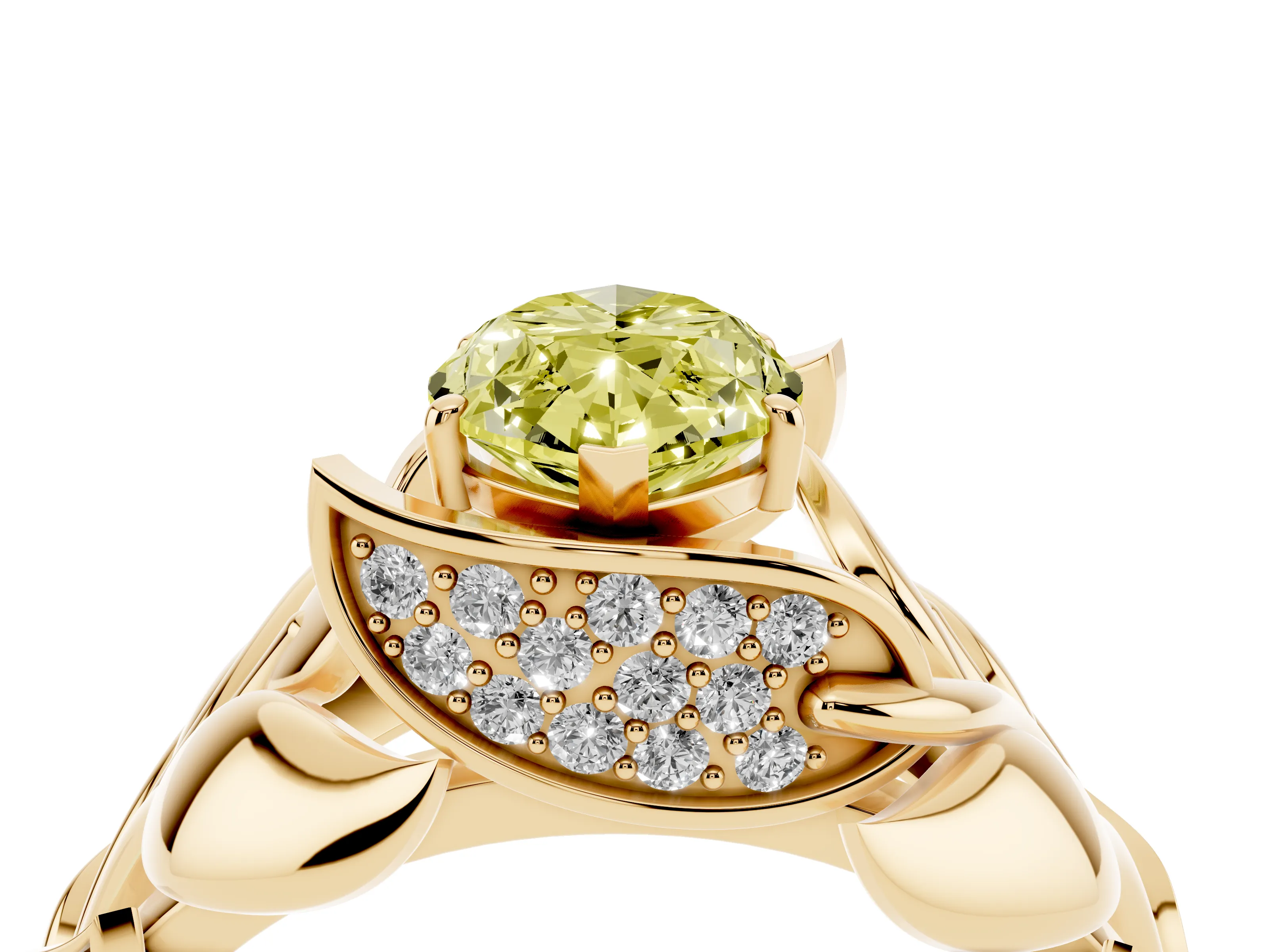 Fancy Yellow Marquise Cut Diamond Leaf-Inspired Engagement Ring Set in Yellow gold with Round Accents