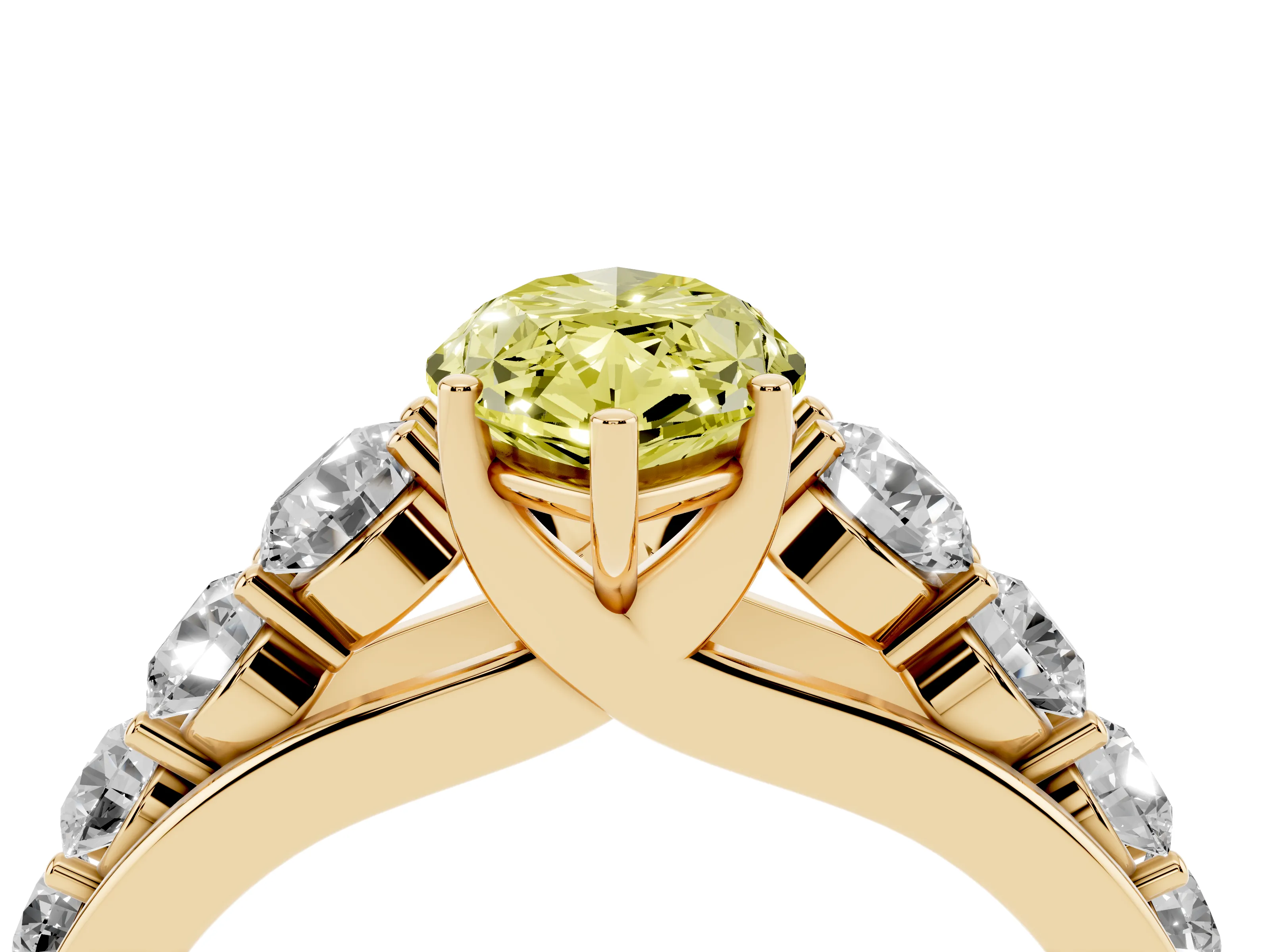 Fancy Yellow Marquise Cut Diamond Solitaire Ring Set in Yellow gold with Pavé-Set Band and Prong Setting