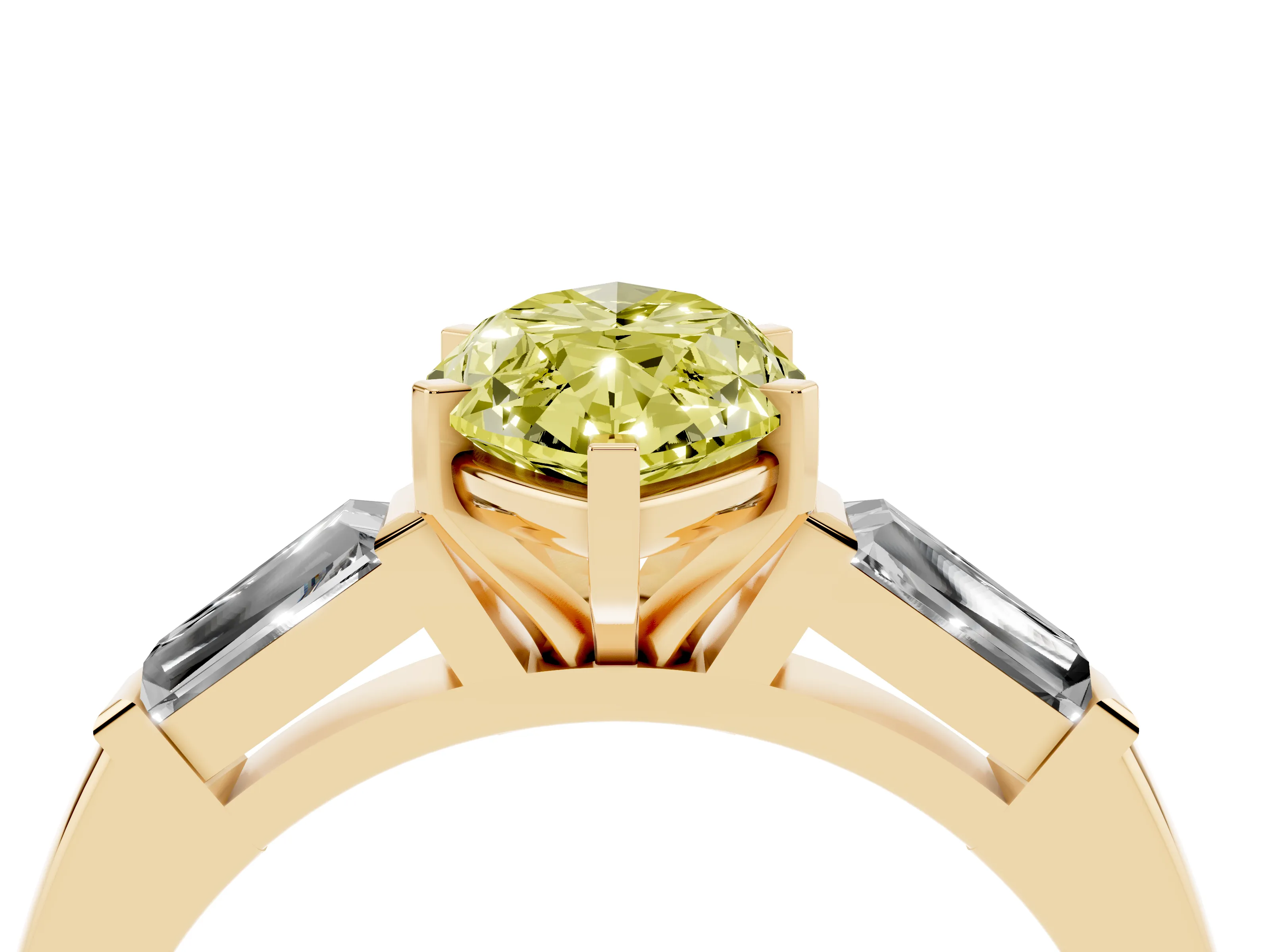 Fancy Yellow Marquise Cut Diamond Solitaire Ring Set in Yellow gold with Tapered Baguette Side Stones and Prong Setting