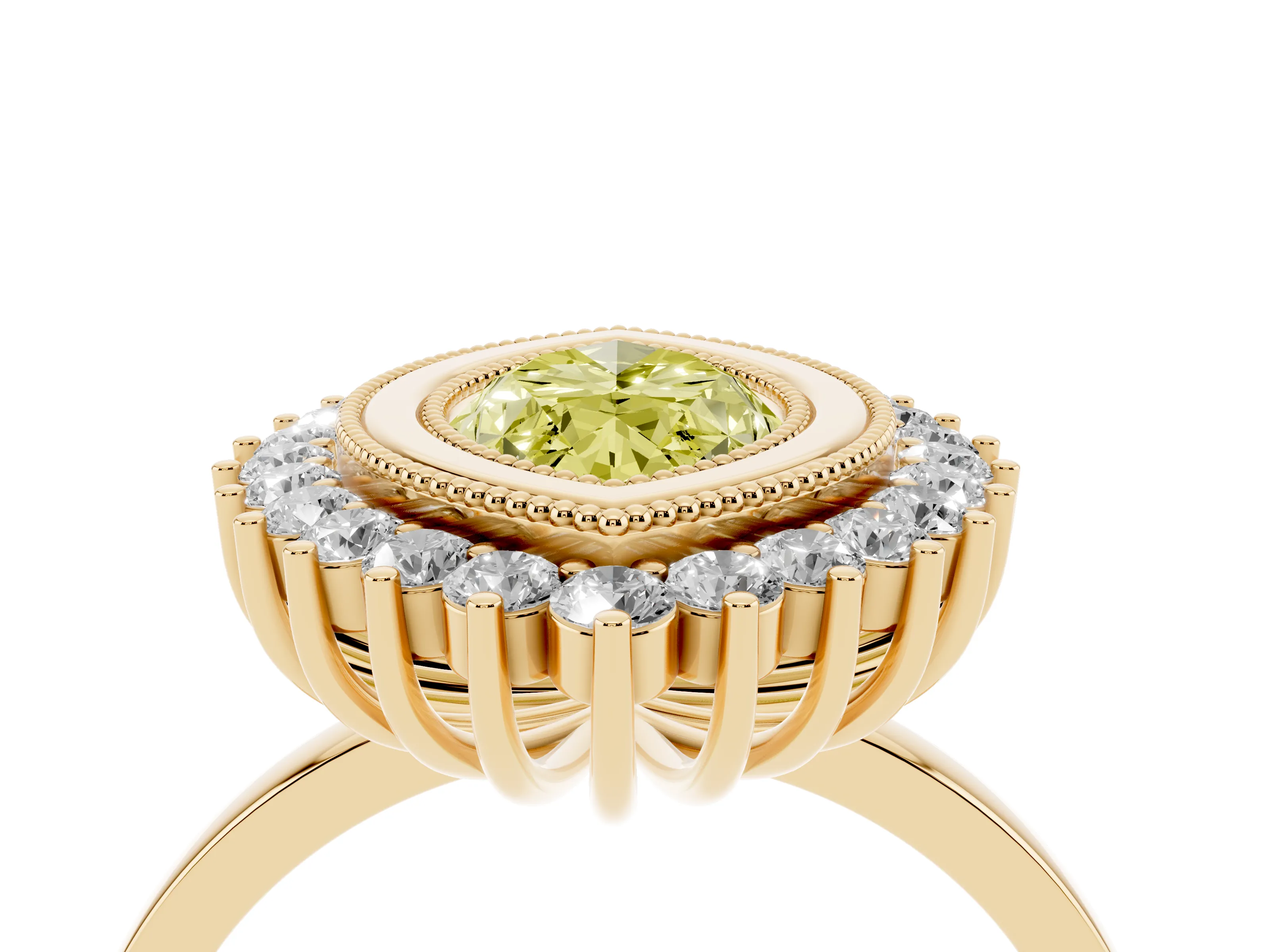 Fancy Yellow Marquise Cut Diamond Halo Ring Set in Yellow gold with Milgrain Edge and Round Prong Setting