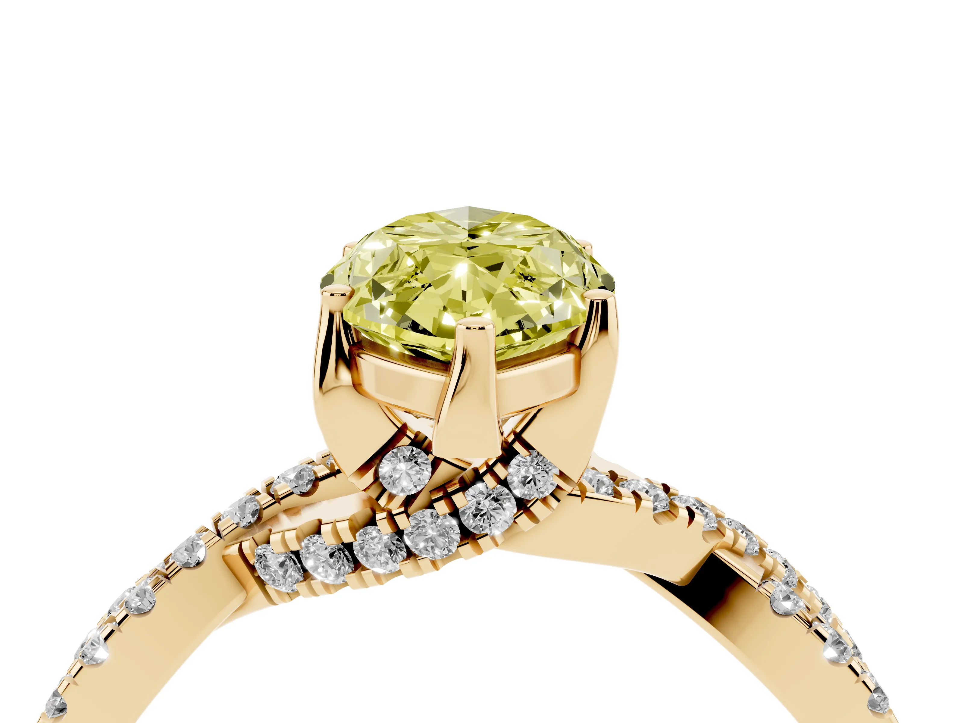 Fancy Yellow Marquise Cut Diamond Twist Pavé Solitaire Engagement Ring Set in Yellow gold with Prong Setting