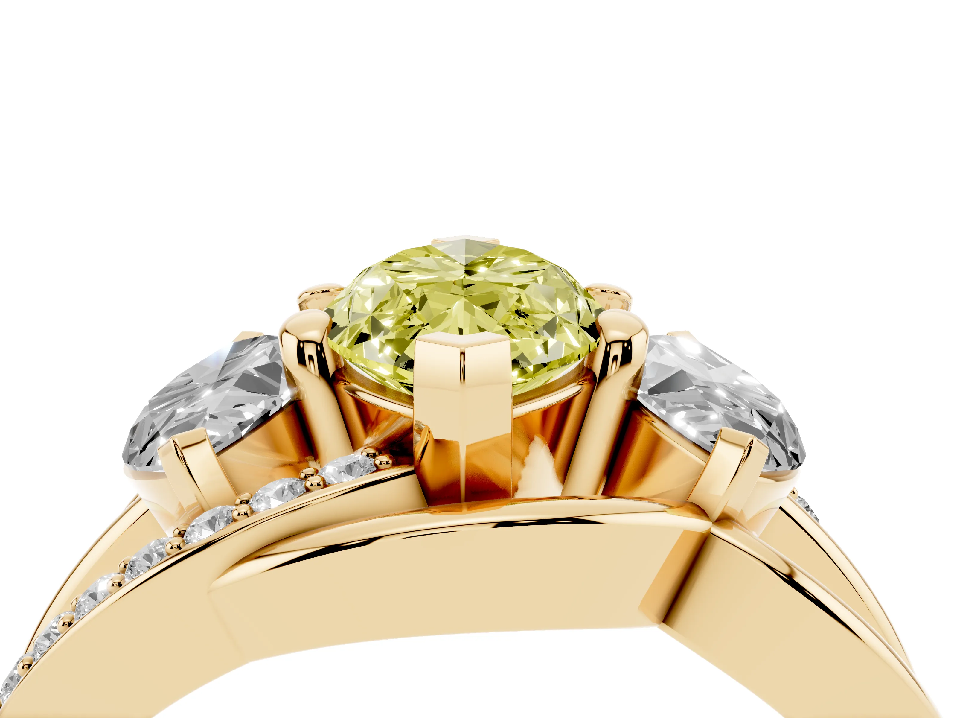 Fancy Yellow Marquise Cut Diamond Three-Stone Ring Set in Yellow gold with Split Shank and Prong Setting