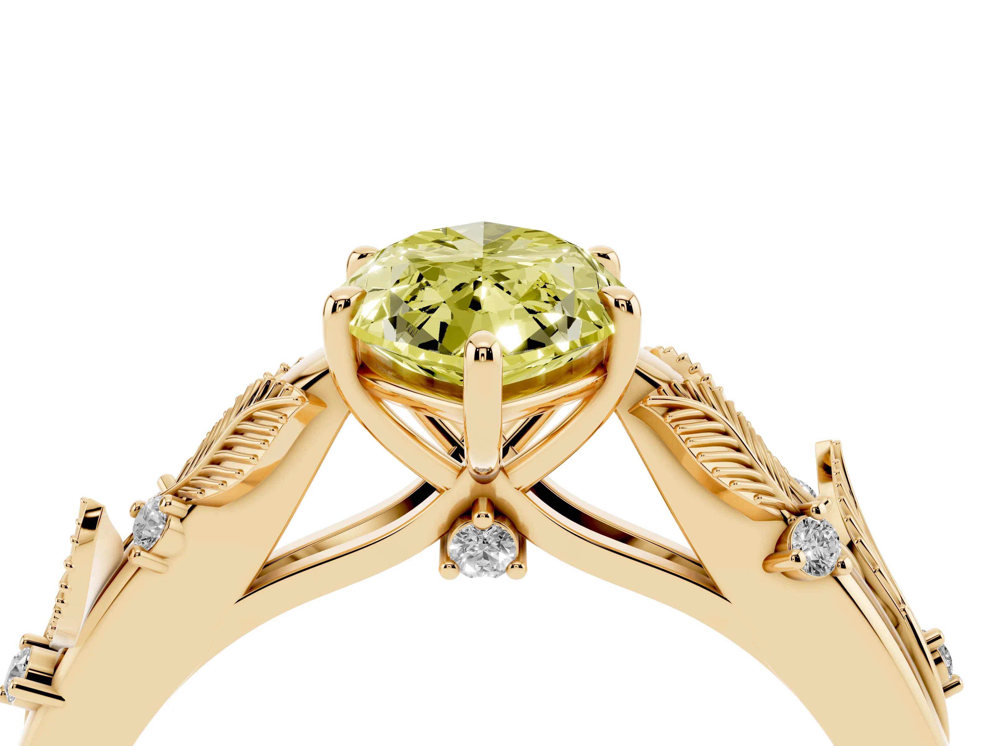 Fancy Yellow Marquise Cut Diamond Solitaire Ring Set in Yellow gold with Leaf Motif Band
