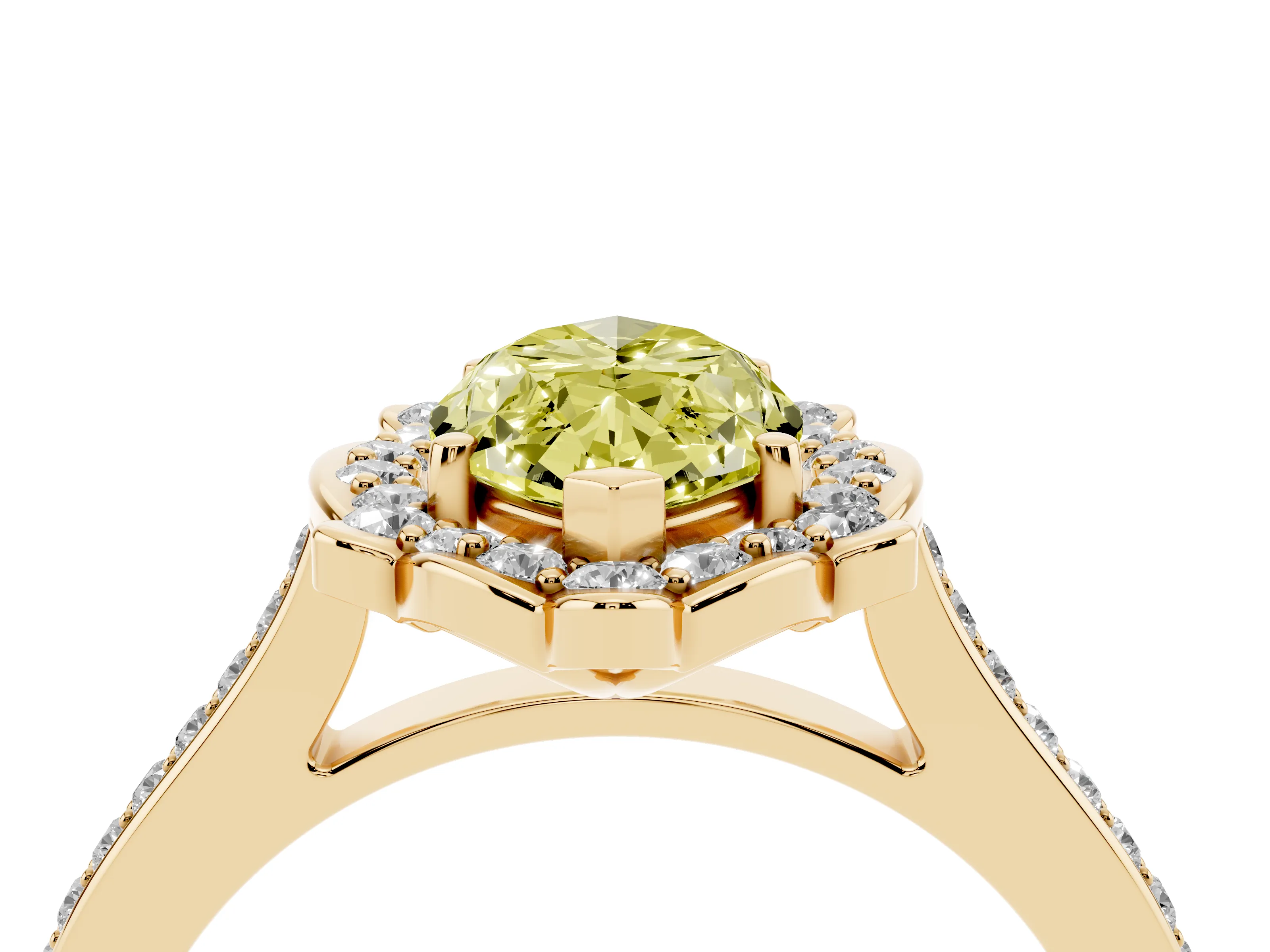 Fancy Yellow Marquise Cut Diamond Halo Ring Set in Yellow gold with Pavé-Lined Shoulders and Prong Setting