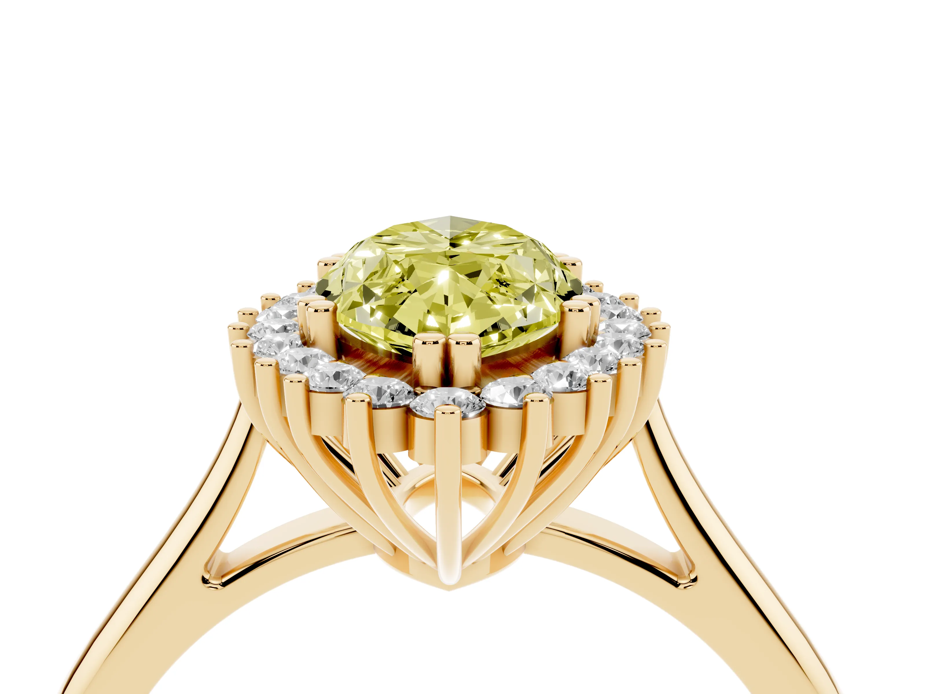Fancy Yellow Marquise Cut Diamond Halo Ring Set in Yellow gold with Plain Solitaire Band and Prong Setting