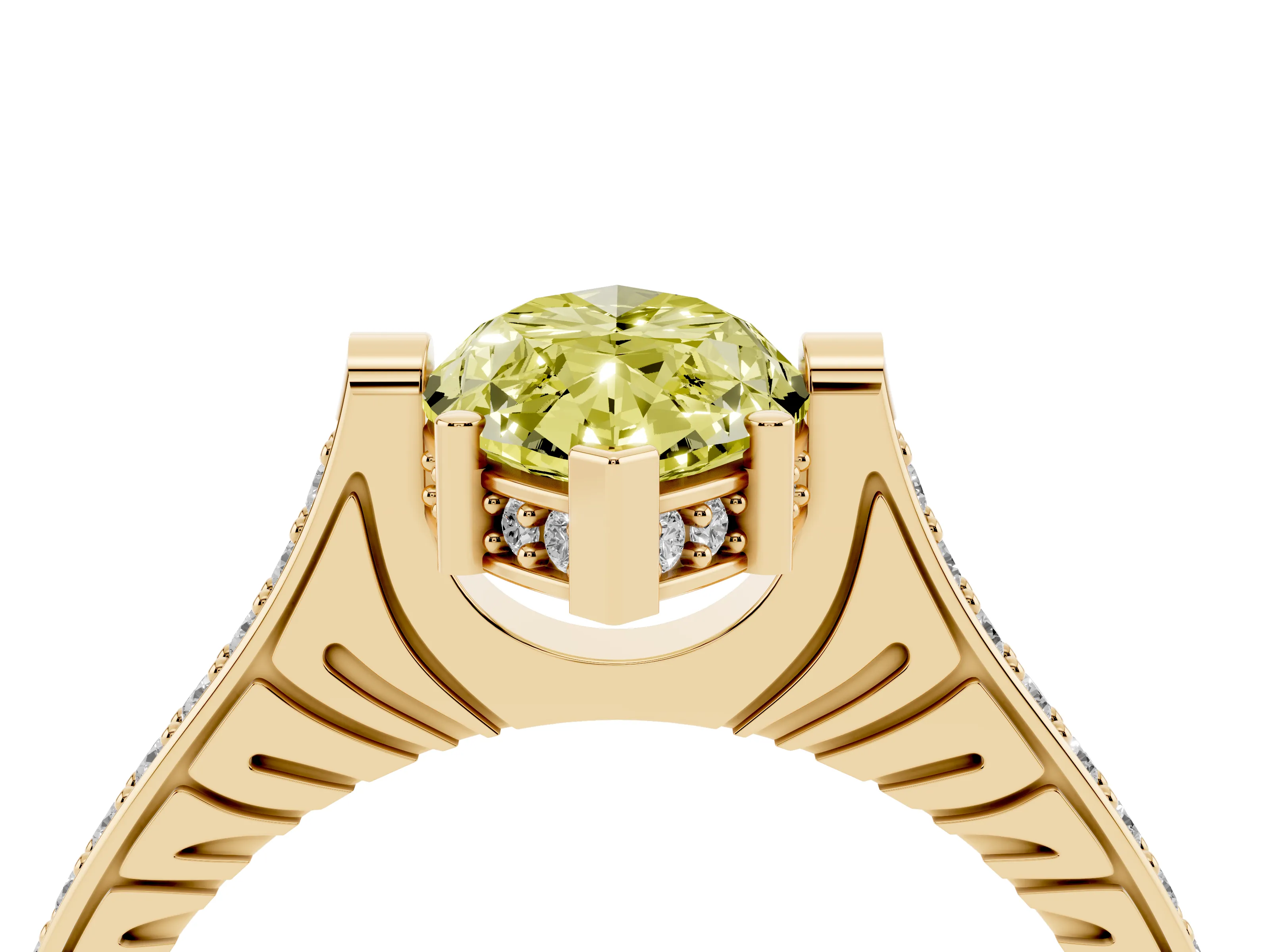 Fancy Yellow Marquise Cut Diamond Solitaire Ring Set in Yellow gold with Channel Set Band and Bezel Prong Setting