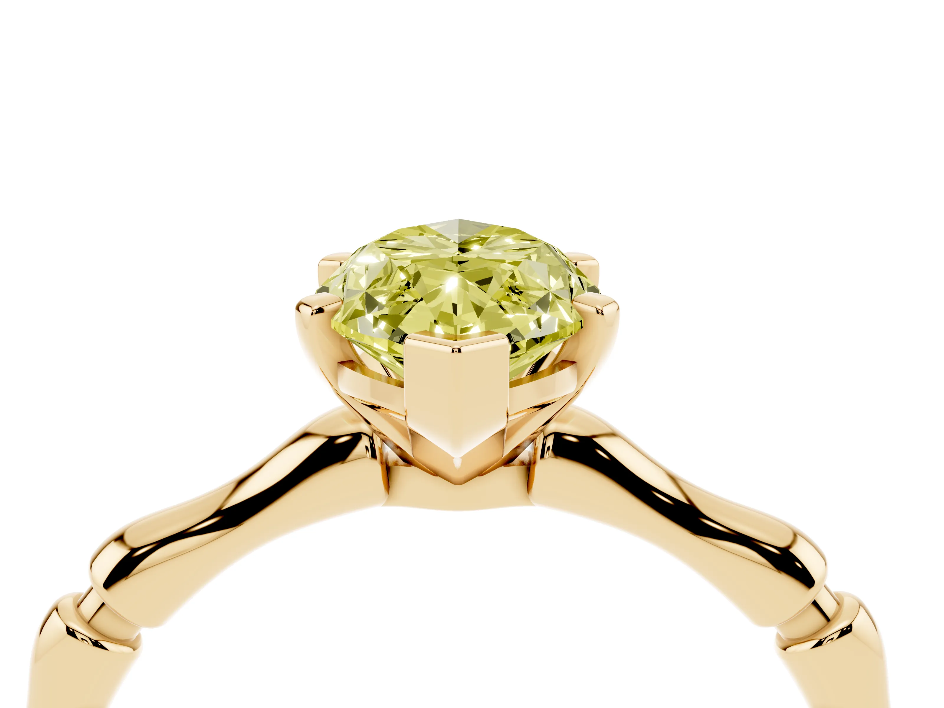 Fancy Yellow Marquise Cut Diamond Solitaire Ring Set in Yellow gold with Bamboo Band and Prong Setting