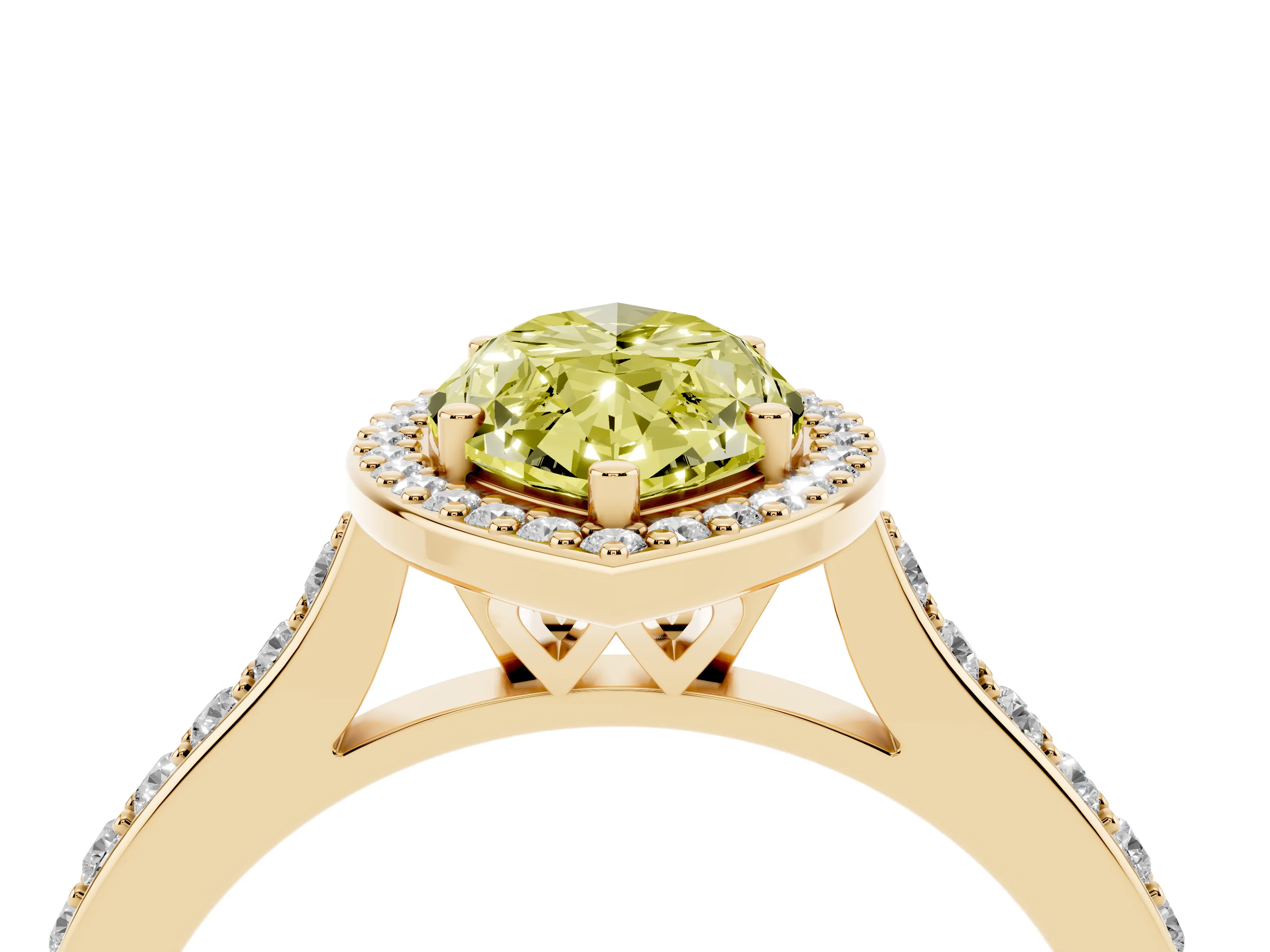Fancy Yellow Marquise Cut Diamond Halo Engagement Ring Set in Yellow gold with Round Pavé Shoulders and Heart Gallery