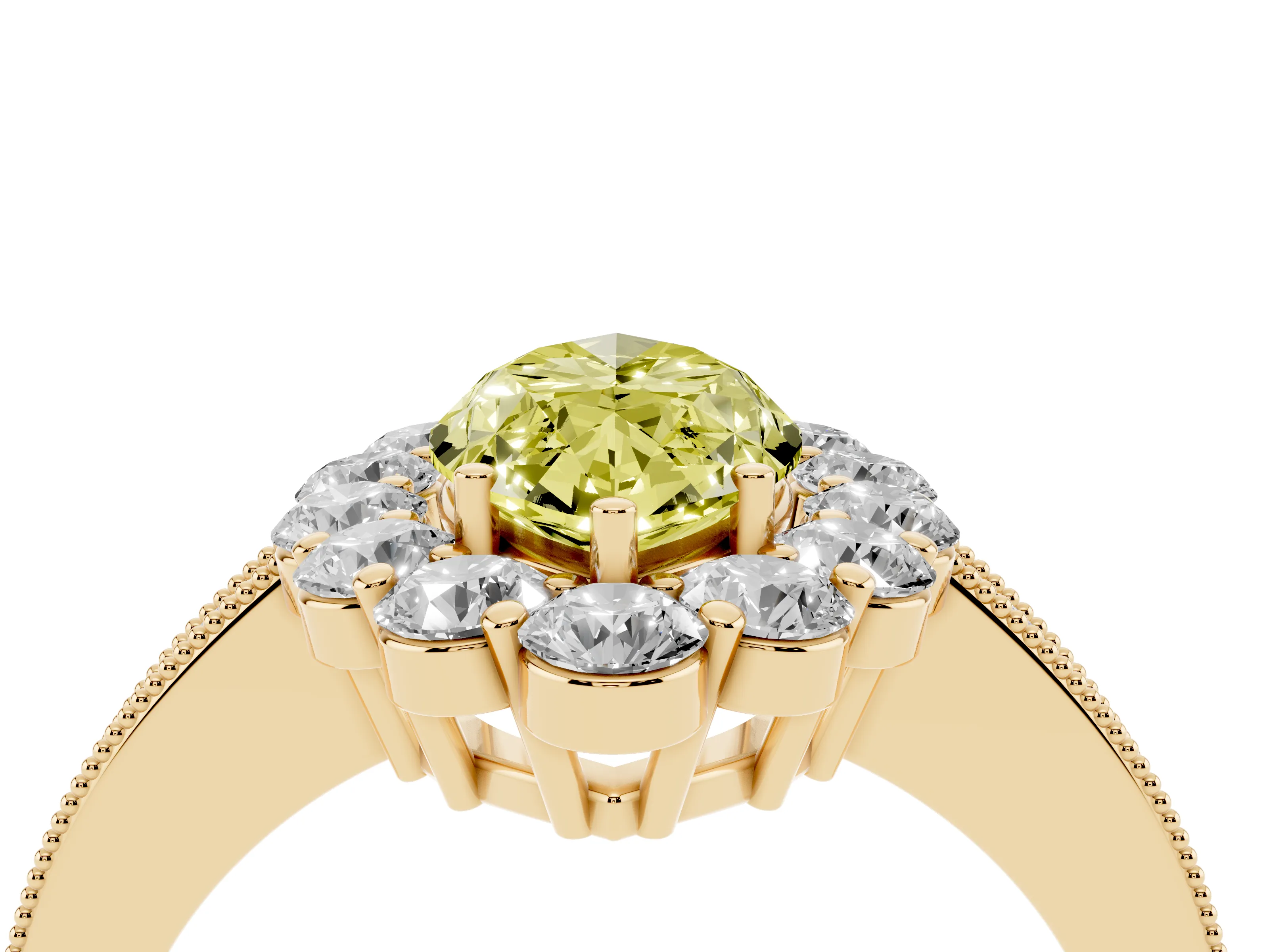 Fancy Yellow Marquise Cut Diamond Halo Pavé Engagement Ring Set in Yellow gold with Milgrain Detailing
